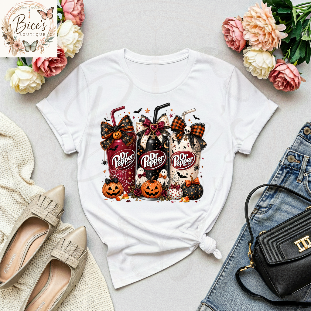 Spooky Soda Trio Halloween Graphic T-Shirt | Cute Pumpkin Fall Tee | Autumn Beverage Lover Shirt