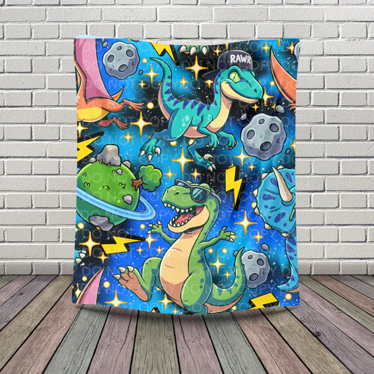 Space Dino Plush Blanket – Cute Cartoon Dinosaur Galaxy Throw