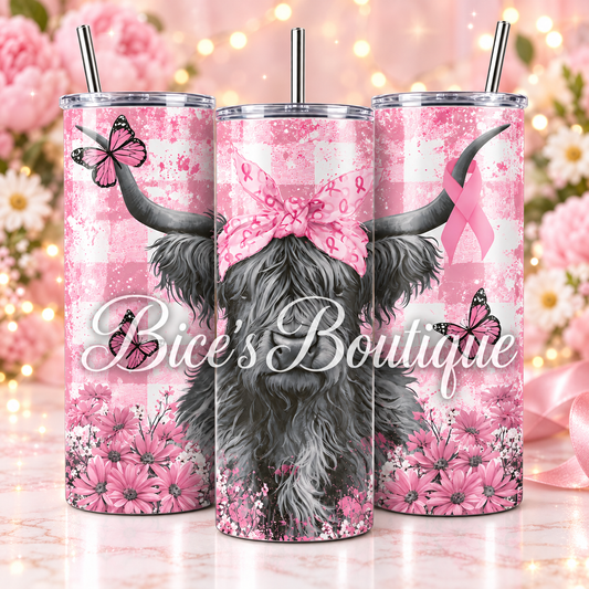 Pink Ribbon Highland Cow 20oz Tumbler