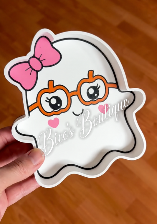 Cute Ghost Trinket Tray with Pumpkin Glasses – 3D Printed Halloween Organizer