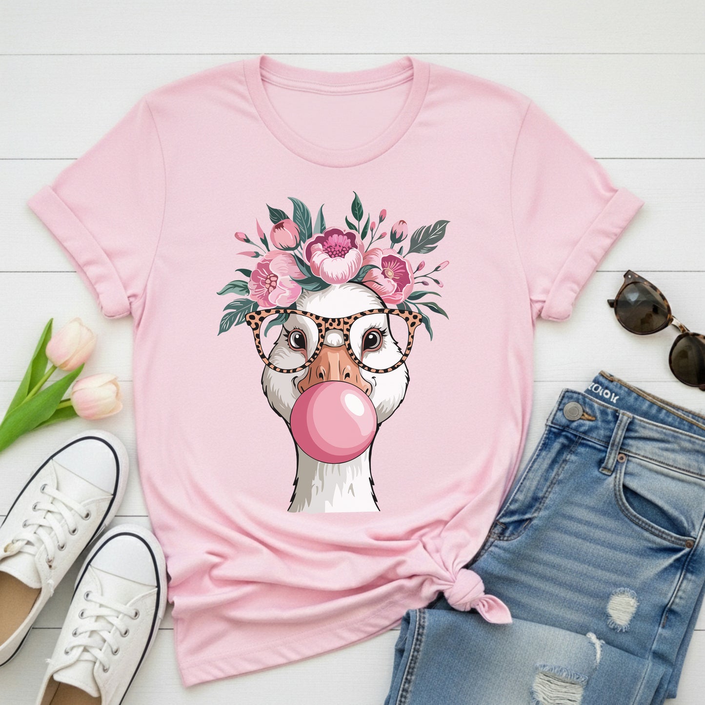 Floral Goose Bubble Gum Graphic Tee – Cute Boho Animal