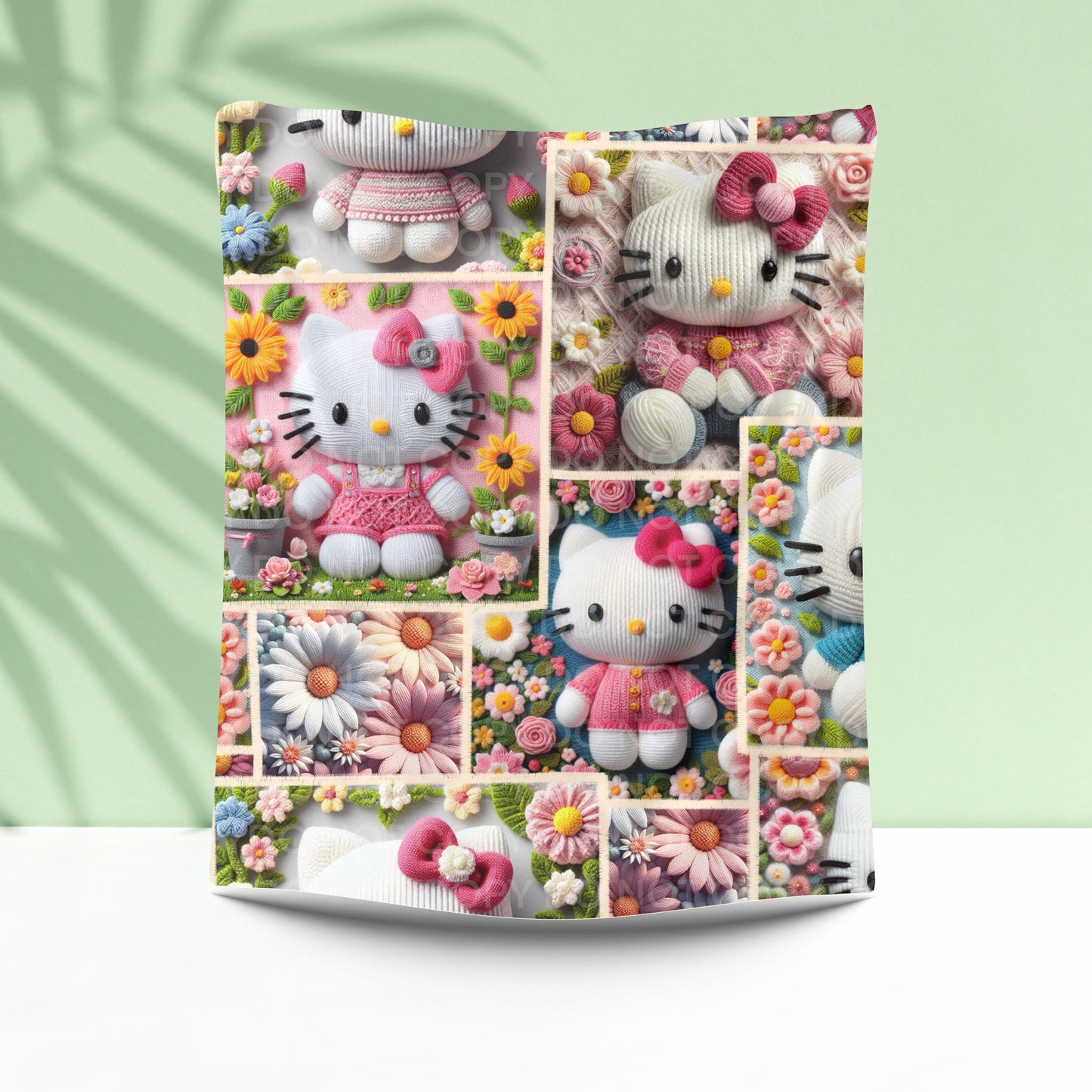Cute Bow Kitty Plush Blanket – Floral Patchwork Cartoon Throw