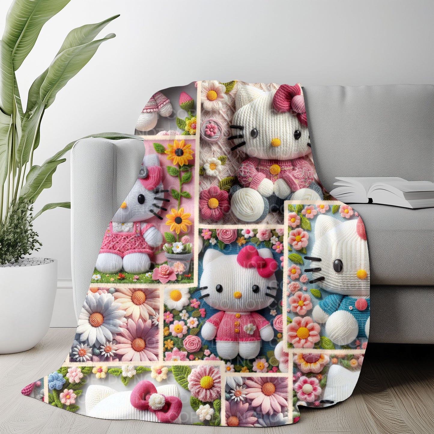 Cute Bow Kitty Plush Blanket – Floral Patchwork Cartoon Throw