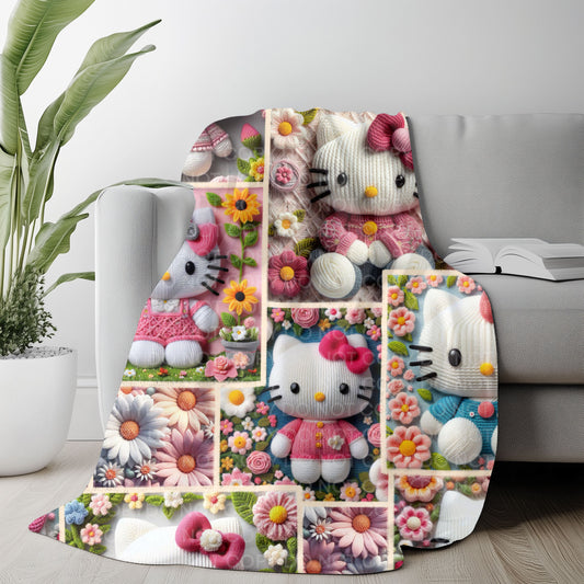 Cute Bow Kitty Plush Blanket – Floral Patchwork Cartoon Throw