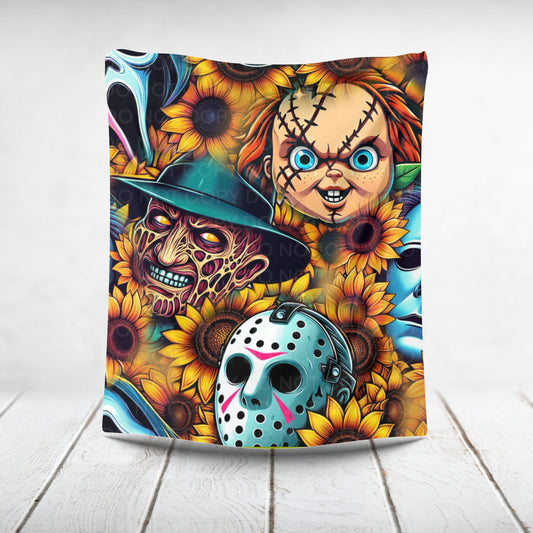Horror Icon Inspired Plush Blanket – Spooky Sunflower Character Throw