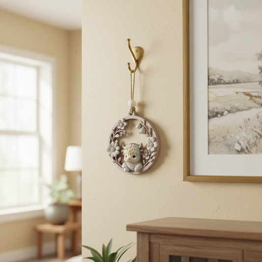 Highland Cow Floral Hoop Wall Decor | 3D Printed Boho Farmhouse Hanging