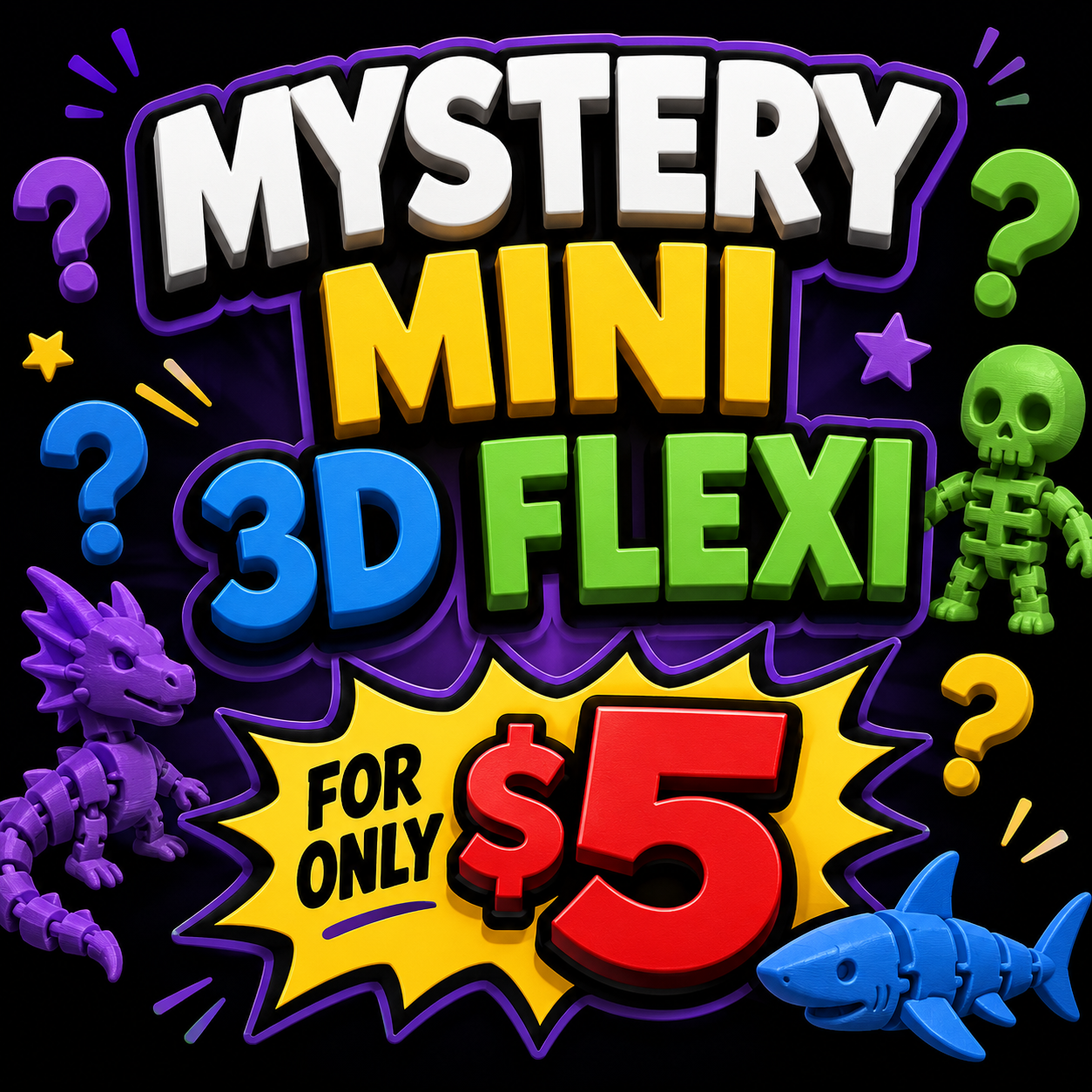 Mystery Flexi Creatures – 3D Printed Surprise Flexi Toy | Mini, Medium, Large & XL