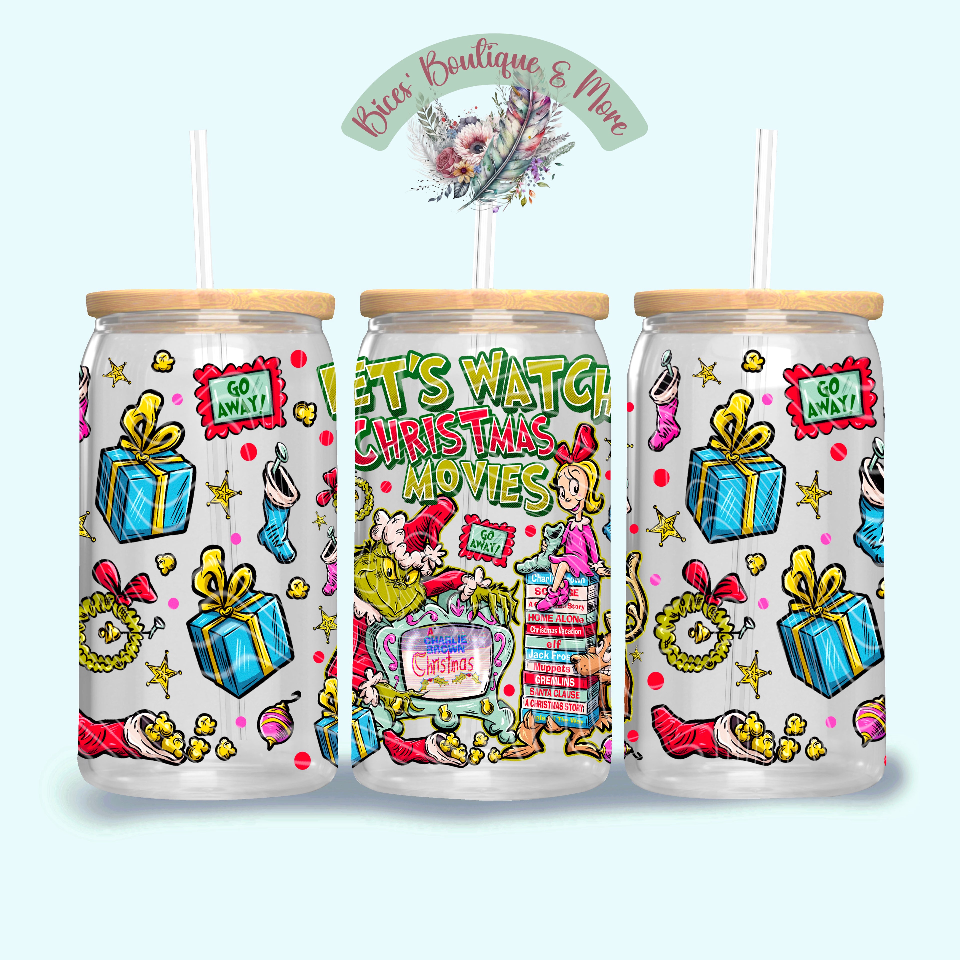 Christmas Movie Night 16oz Glass Tumbler – Festive Christmas Tumbler with Lid & Straw (Copy)