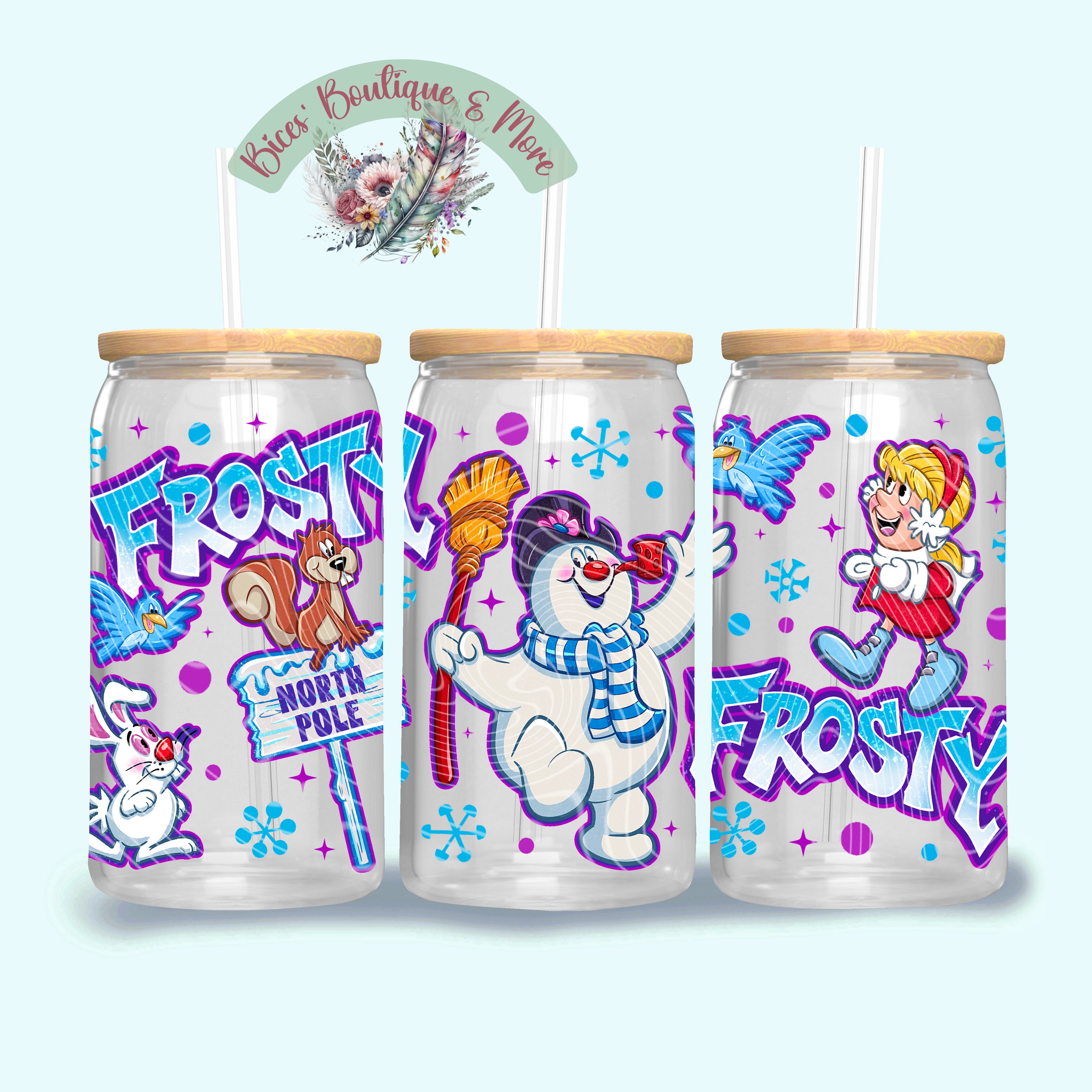 Frosty Winter Wonderland 16oz Glass Tumbler – Retro Snowman Christmas Tumbler with Lid & Straw