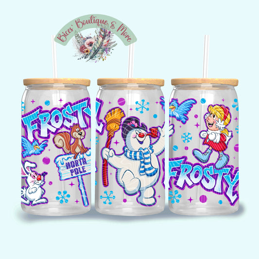 Frosty Winter Wonderland 16oz Glass Tumbler – Retro Snowman Christmas Tumbler with Lid & Straw