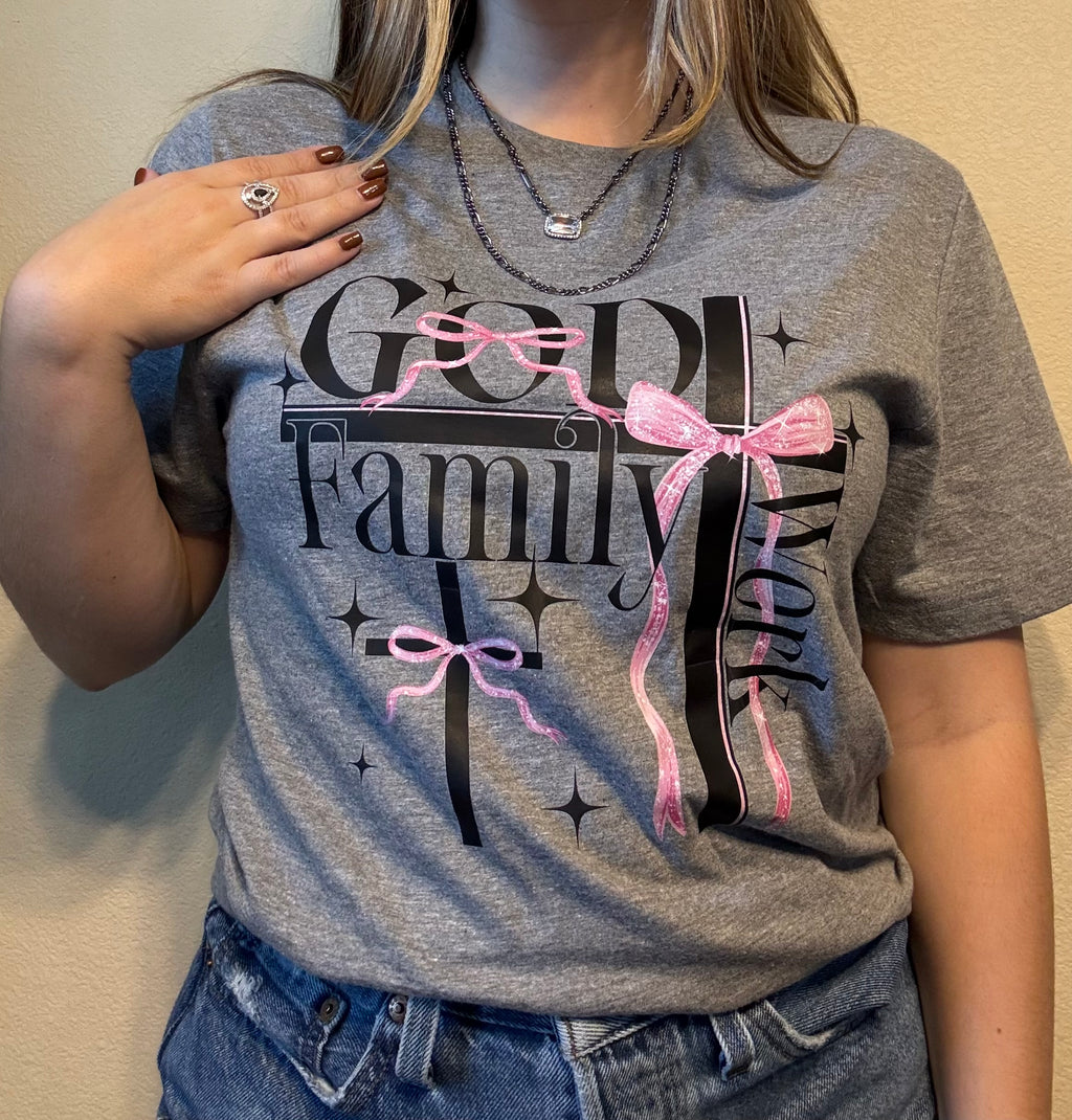“God. Family. Work.” Christian Graphic Tee with Pink Bows