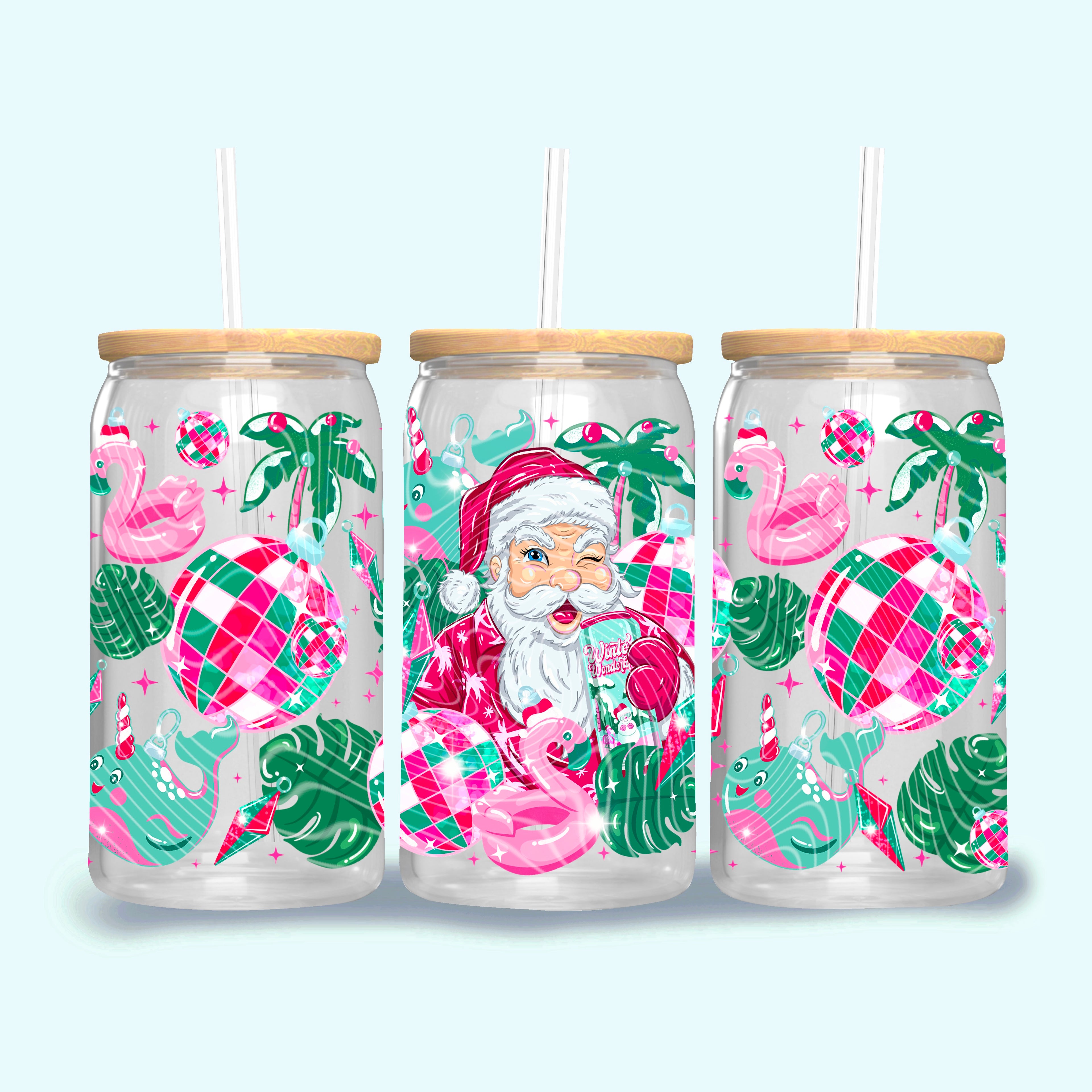 Tropical Santa 16oz Glass Tumbler – Pink & Green Christmas Tumbler with Lid and Straw