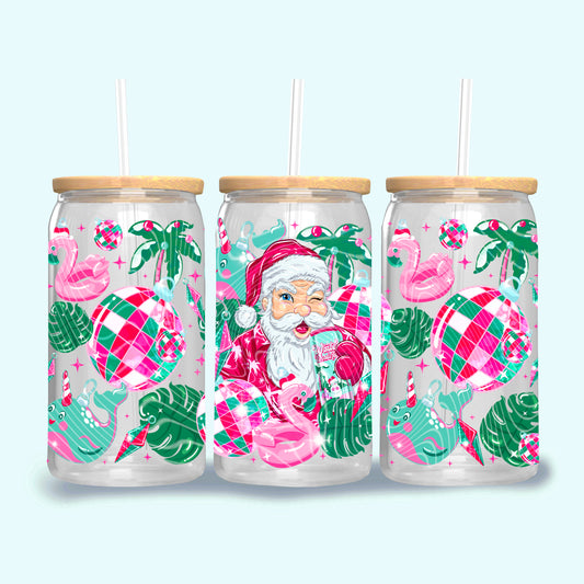 Tropical Santa 16oz Glass Tumbler – Pink & Green Christmas Tumbler with Lid and Straw