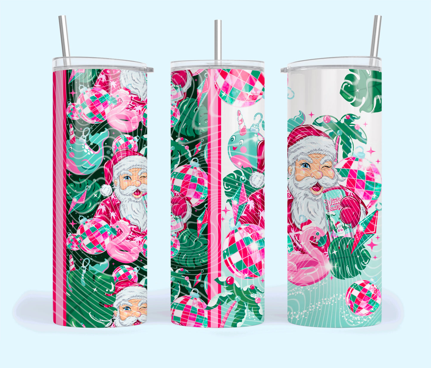 Tropical Santa 20oz Stainless Steel Tumbler – Pink & Green Retro Christmas Cup with Straw