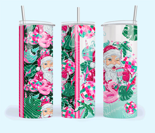Tropical Santa 20oz Stainless Steel Tumbler – Pink & Green Retro Christmas Cup with Straw