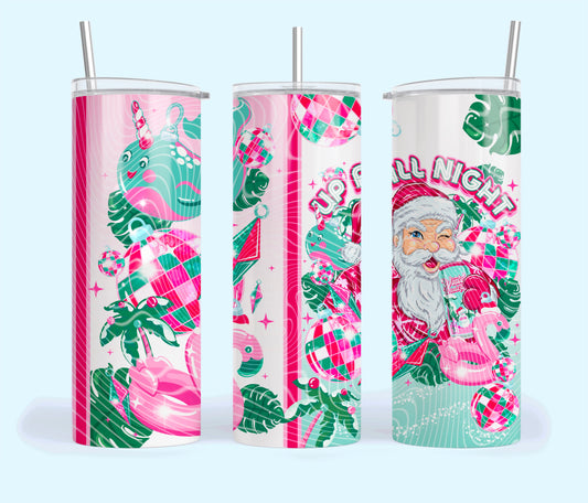 Up All Night Tropical Santa 20oz Tumbler – Retro Pink & Green Christmas Cup with Straw