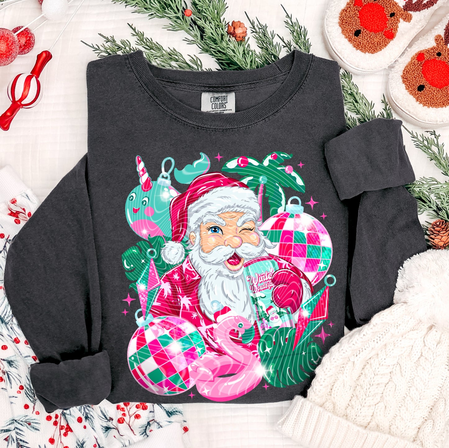 Tropical Santa Christmas Sweatshirt – Pink & Green Retro Holiday Crewneck