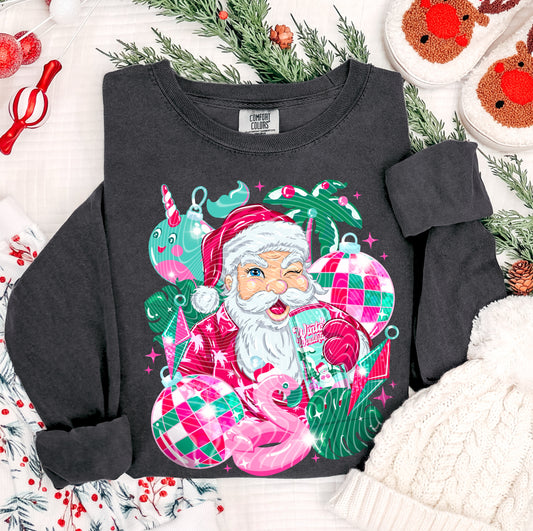 Tropical Santa Christmas Sweatshirt – Pink & Green Retro Holiday Crewneck