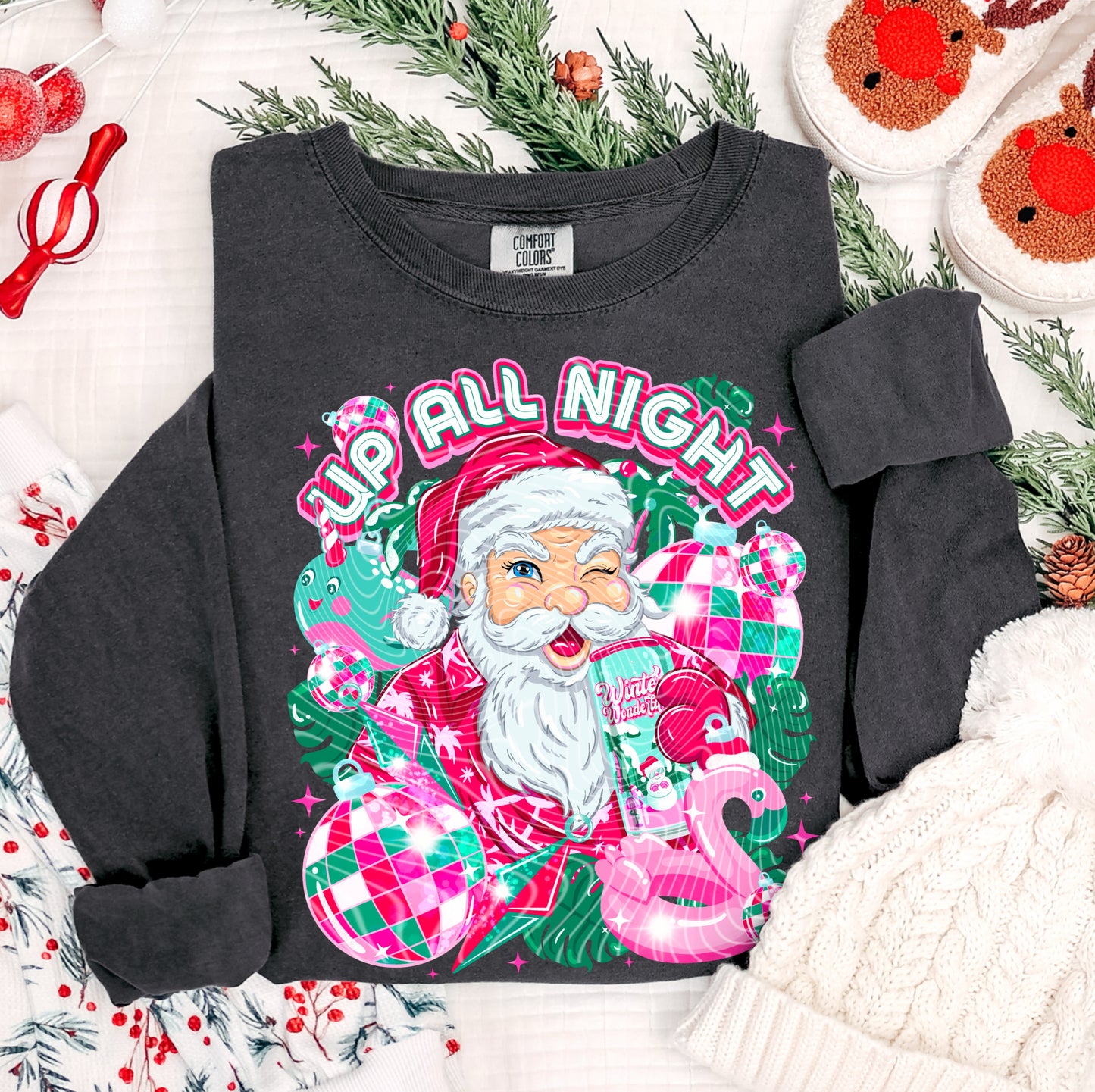 Up All Night Tropical Santa Sweatshirt – Retro Pink & Green Christmas Crewneck