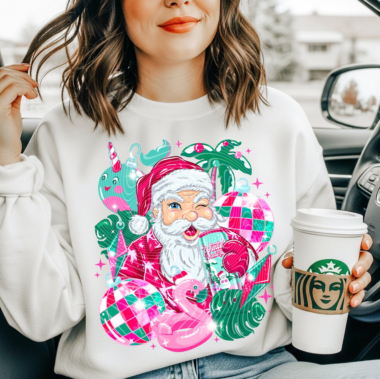 Tropical Santa Christmas Sweatshirt – Pink & Green Retro Holiday Crewneck