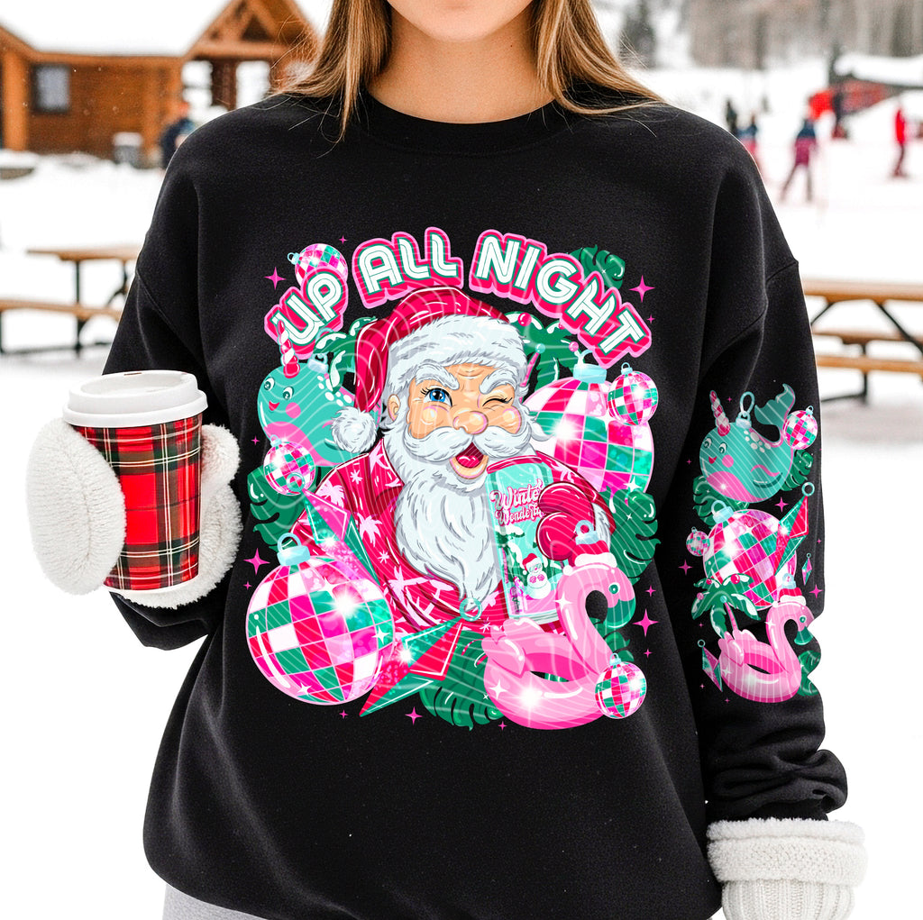 Up All Night Tropical Santa Sweatshirt – Retro Pink & Green Christmas Crewneck