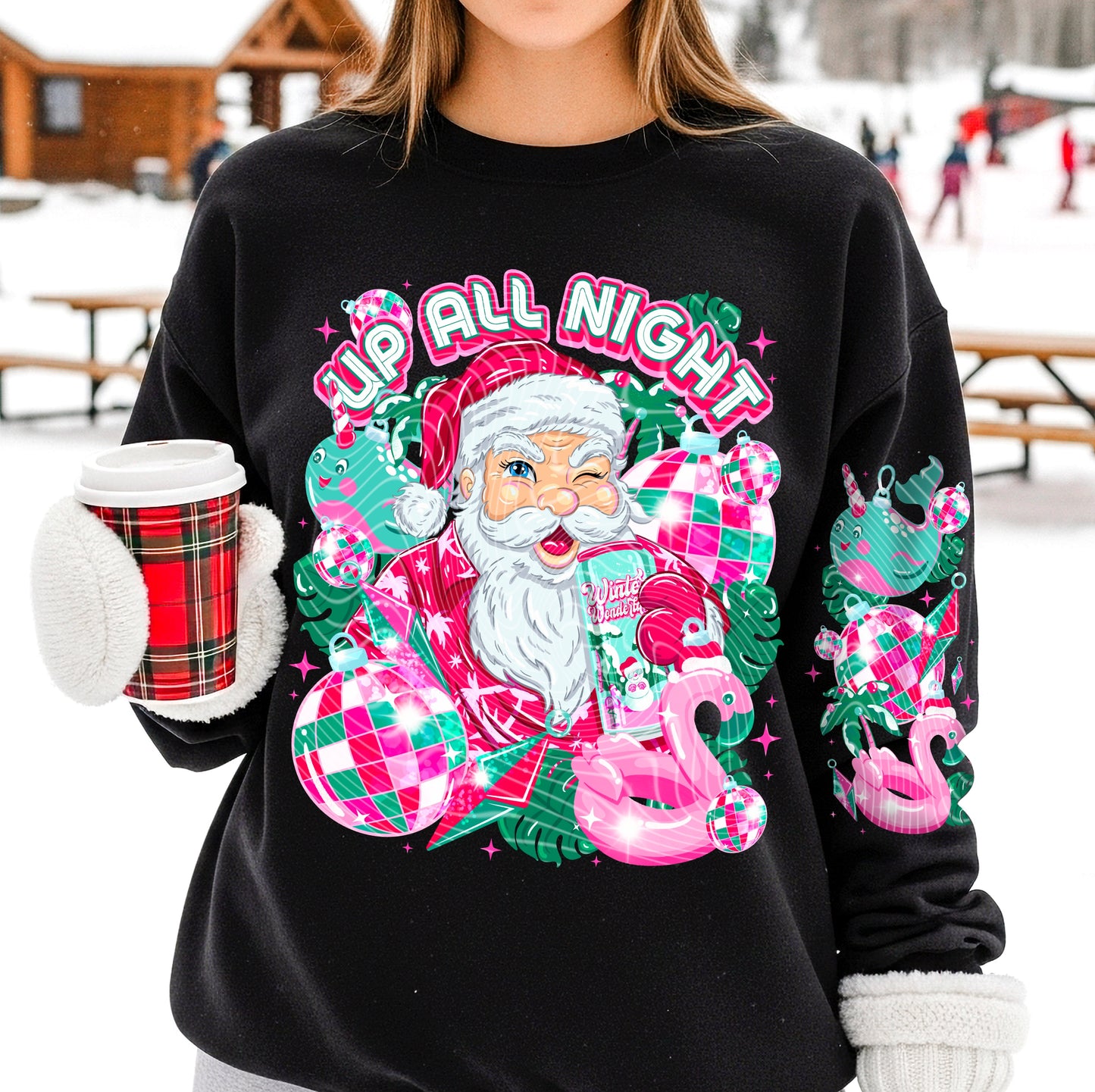 Up All Night Tropical Santa Sweatshirt – Retro Pink & Green Christmas Crewneck