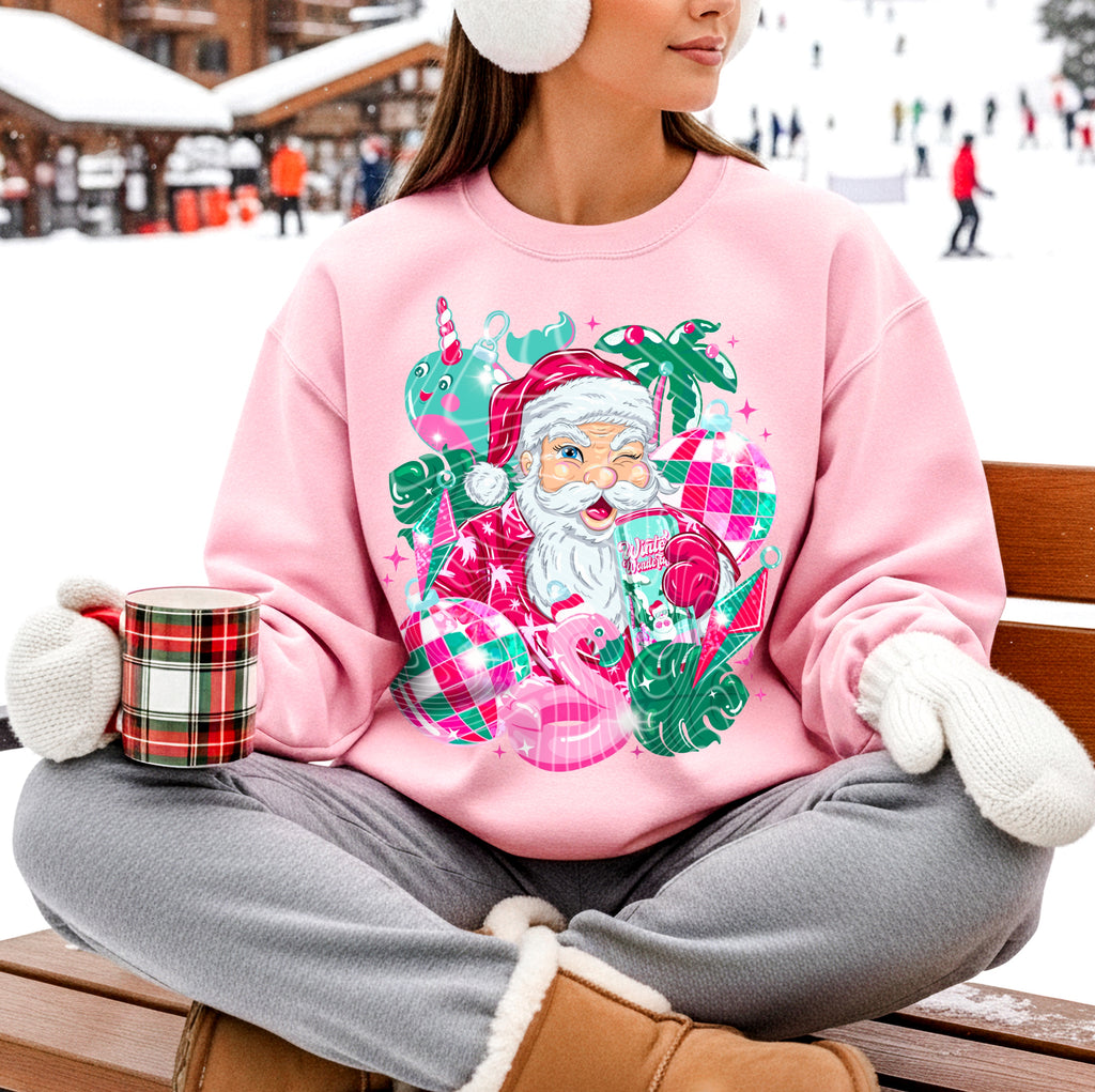 Tropical Santa Christmas Sweatshirt – Pink & Green Retro Holiday Crewneck