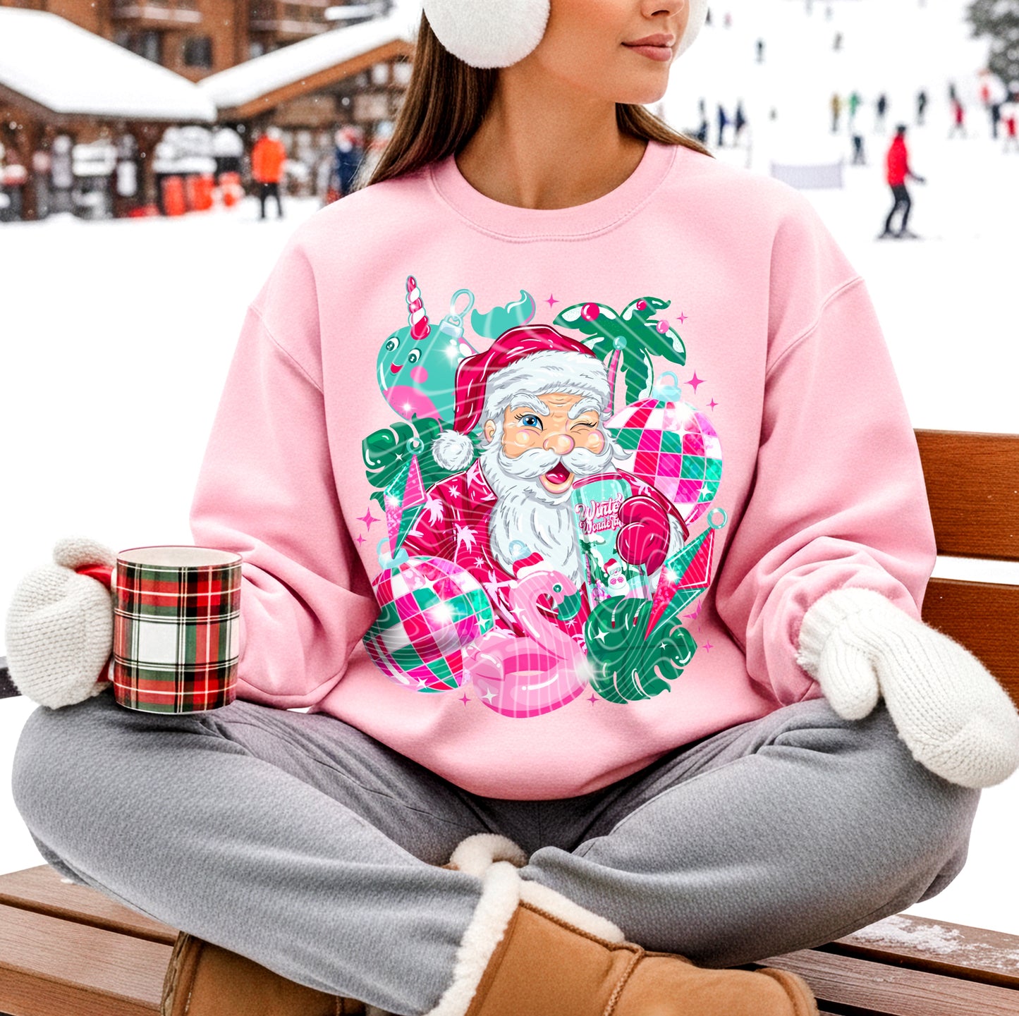 Tropical Santa Christmas Sweatshirt – Pink & Green Retro Holiday Crewneck