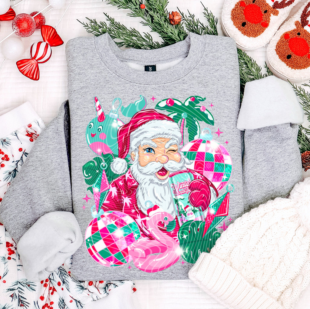 Tropical Santa Christmas Sweatshirt – Pink & Green Retro Holiday Crewneck