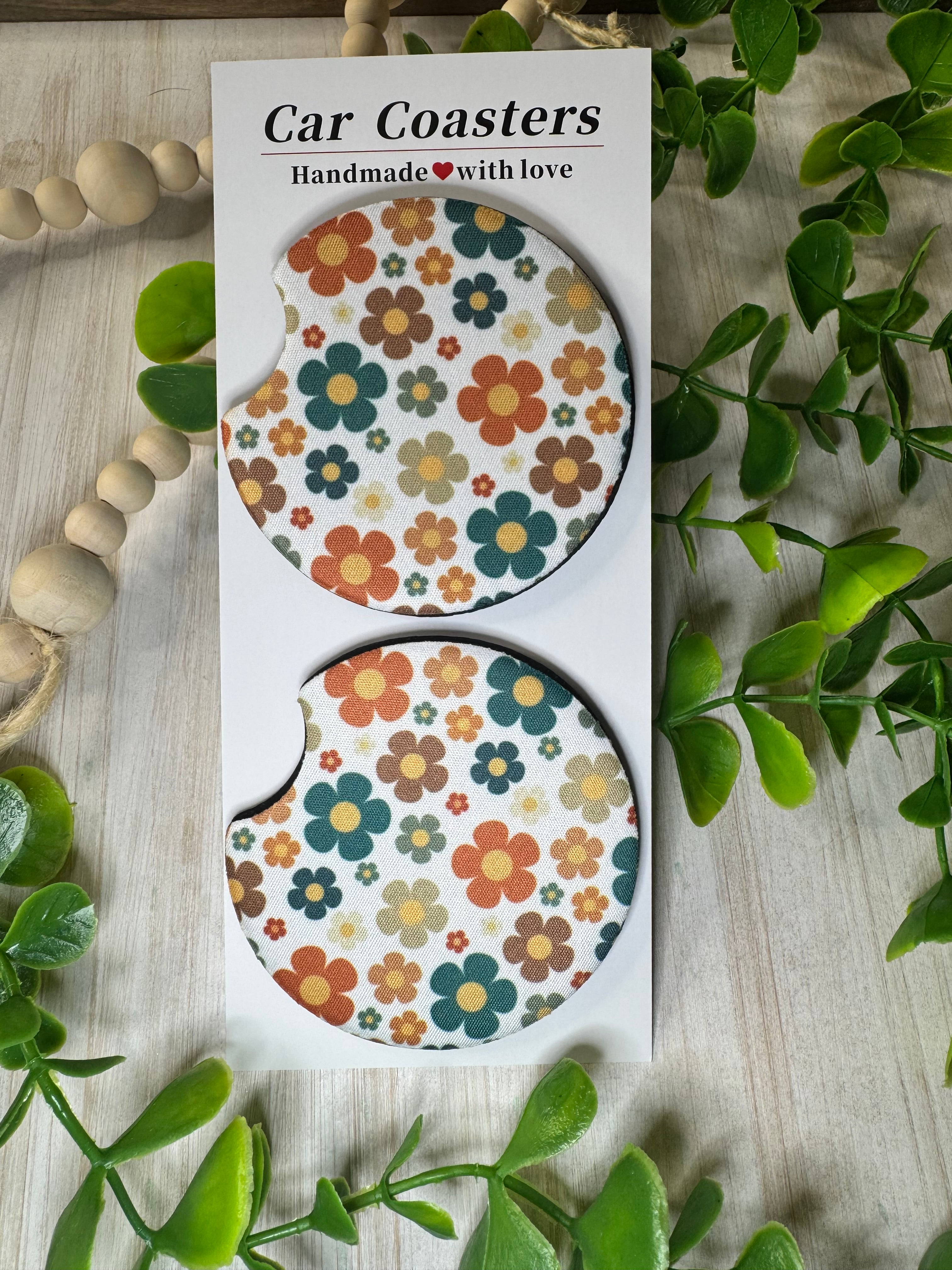 🌸 Bloom & Zoom Absorbent Car Coasters – Retro Flower Power (Set of 2)