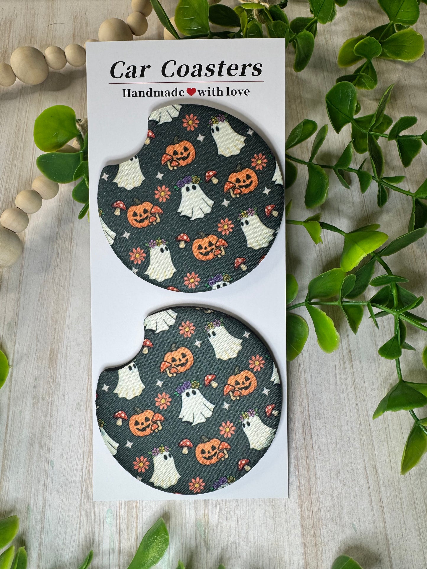 👻 Spooky Sips Absorbent Car Coasters – Halloween Ghosts & Pumpkins (Set of 2)
