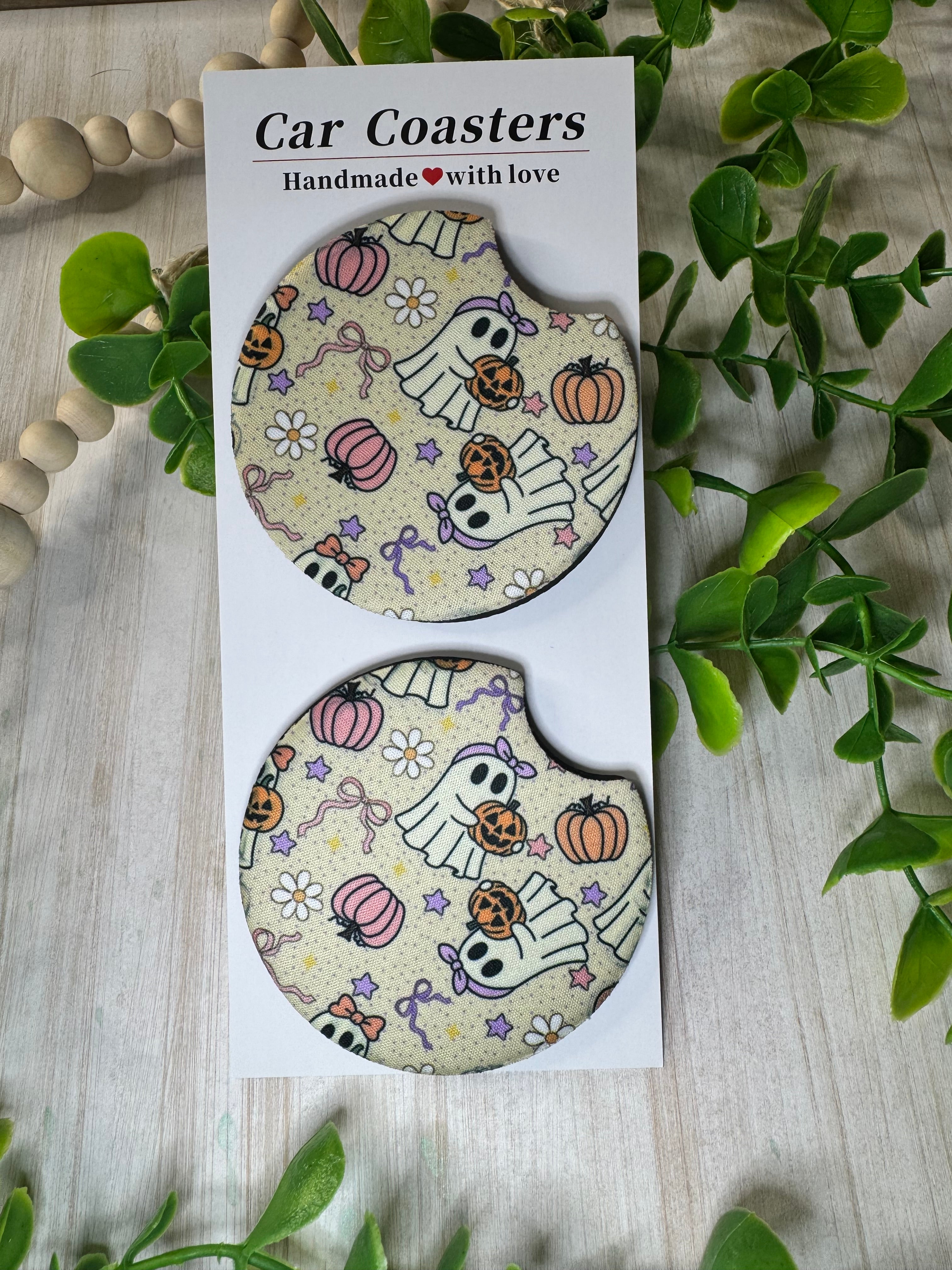 🎀 Boo-tiful Pastel Ghost Car Coasters – Cute Halloween Vibes (Set of 2)