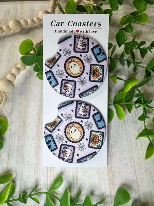 💌 Spooky Mail Car Coasters – Ghost Stamps & Webs (Set of 2)