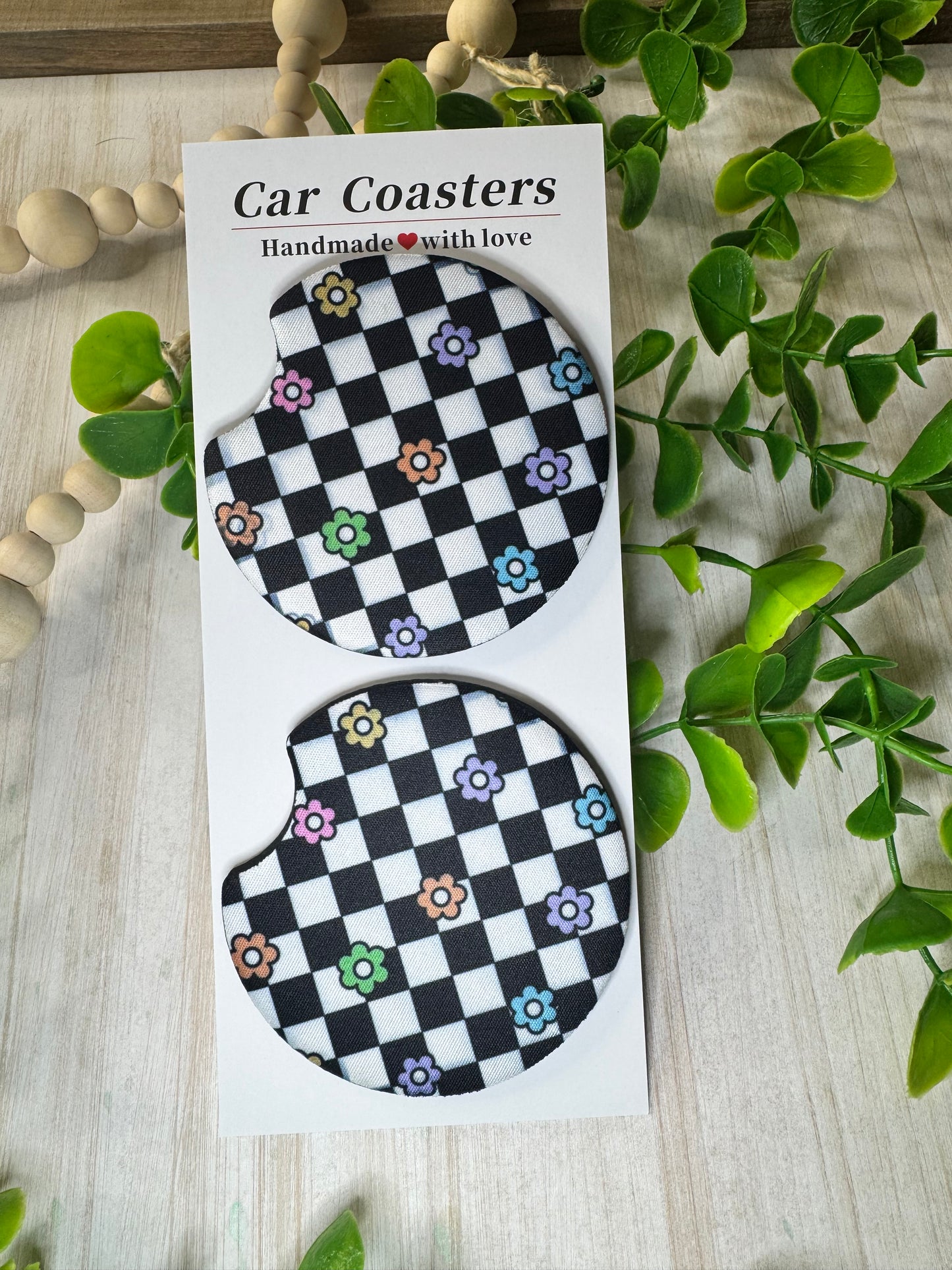 🌸 Checkered Bloom Car Coasters – Retro Flower Power in Fun Colors (Set of 2)