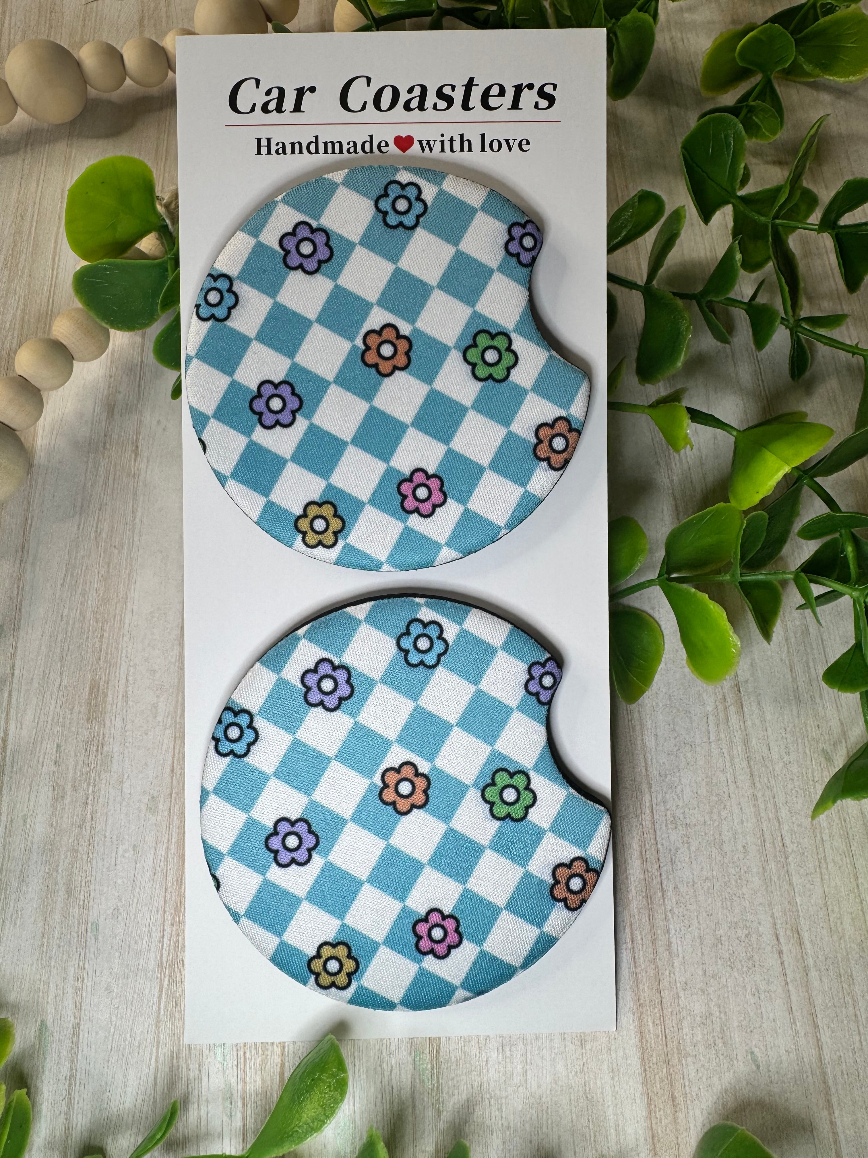 🌸 Checkered Bloom Car Coasters – Retro Flower Power in Fun Colors (Set of 2)