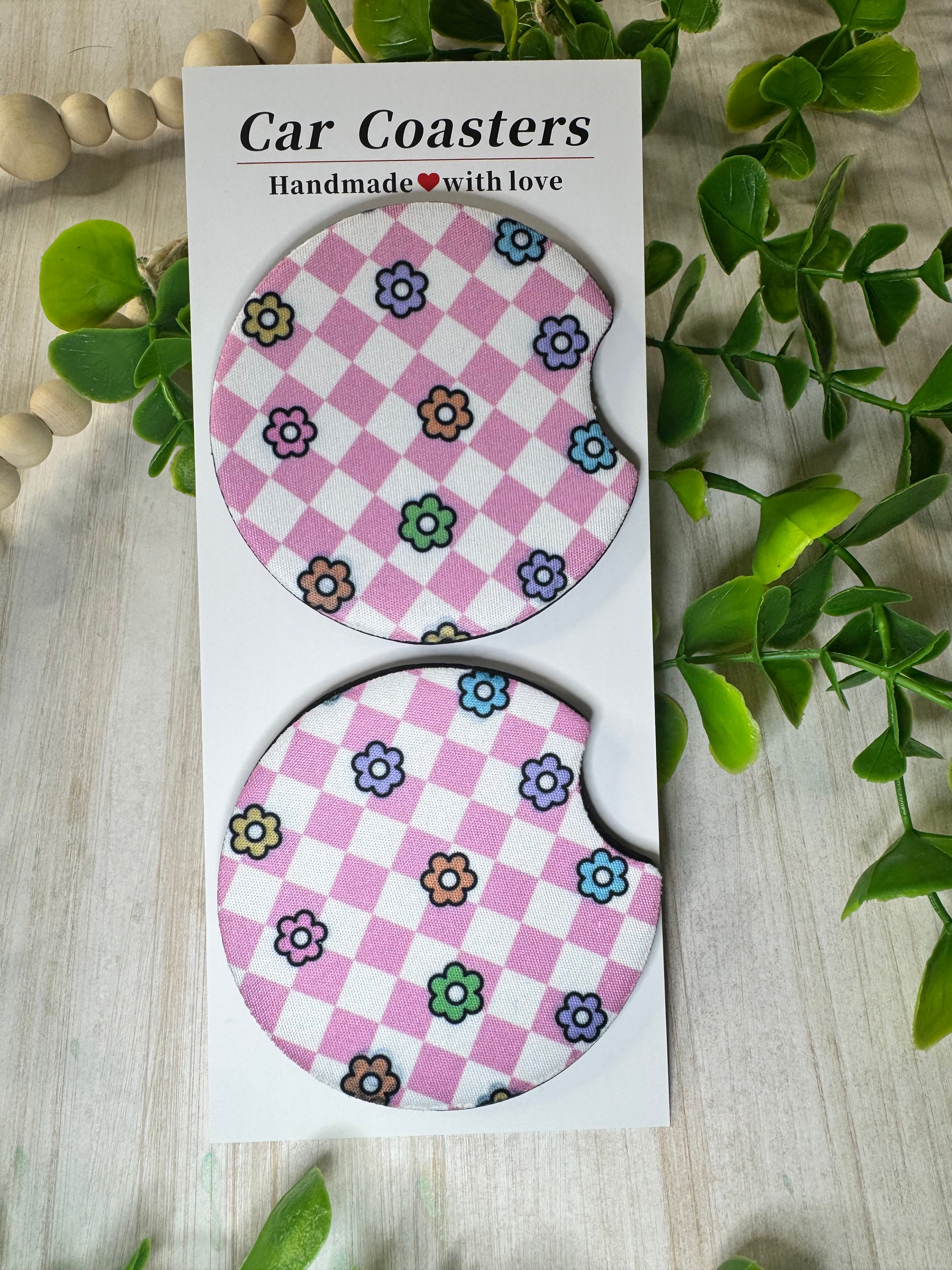 🌸 Checkered Bloom Car Coasters – Retro Flower Power in Fun Colors (Set of 2)