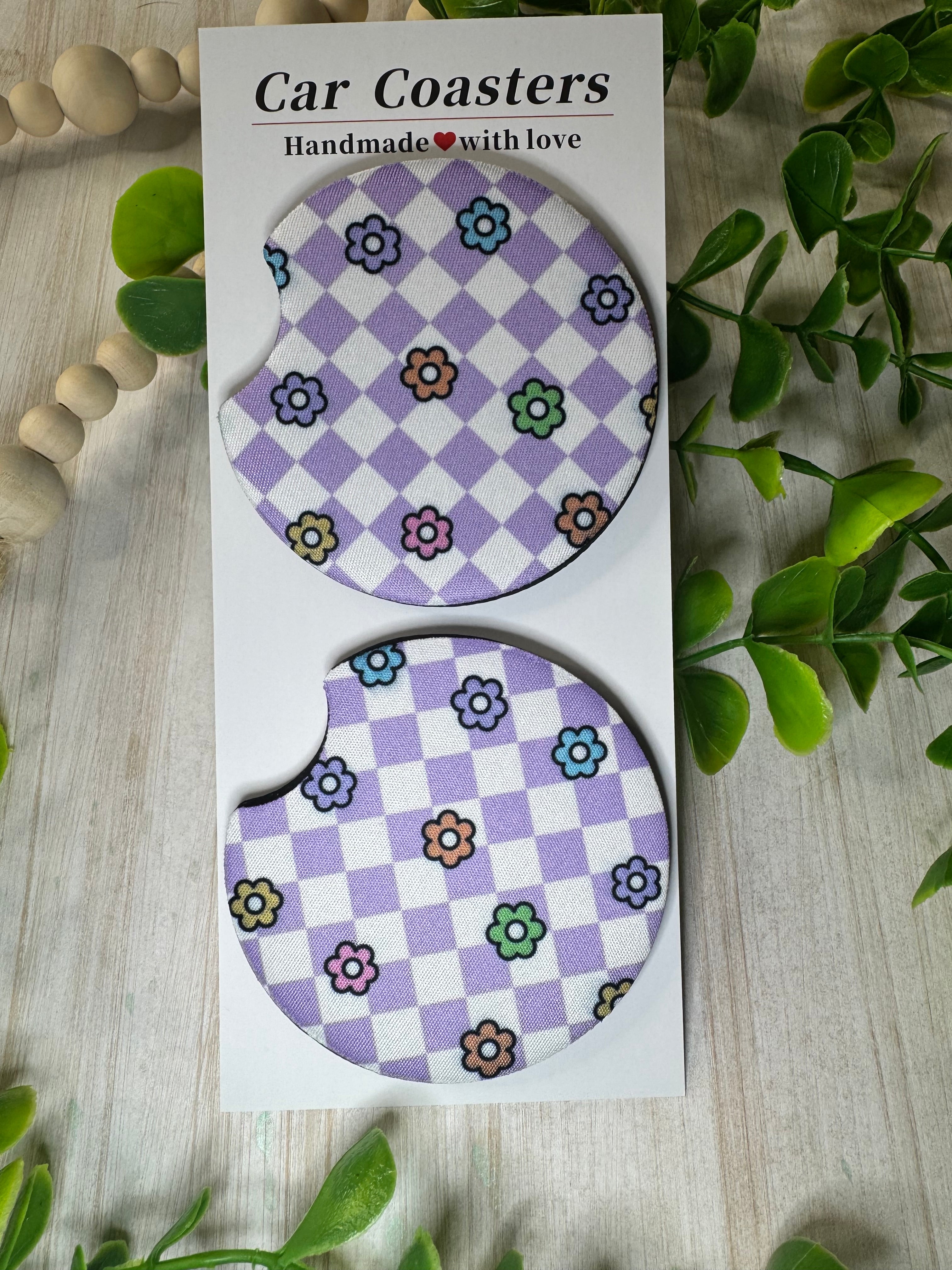 🌸 Checkered Bloom Car Coasters – Retro Flower Power in Fun Colors (Set of 2)