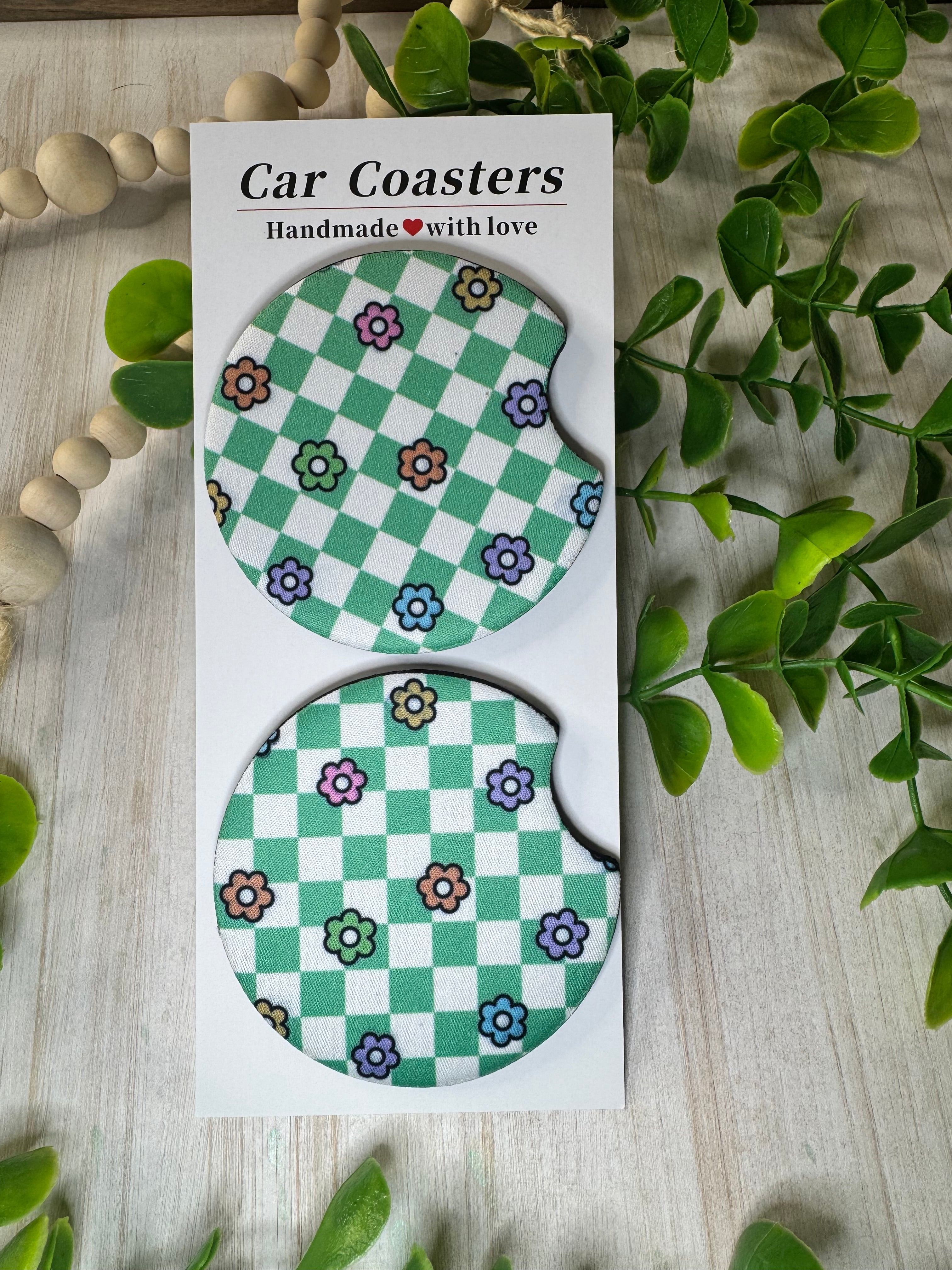 🌸 Checkered Bloom Car Coasters – Retro Flower Power in Fun Colors (Set of 2)