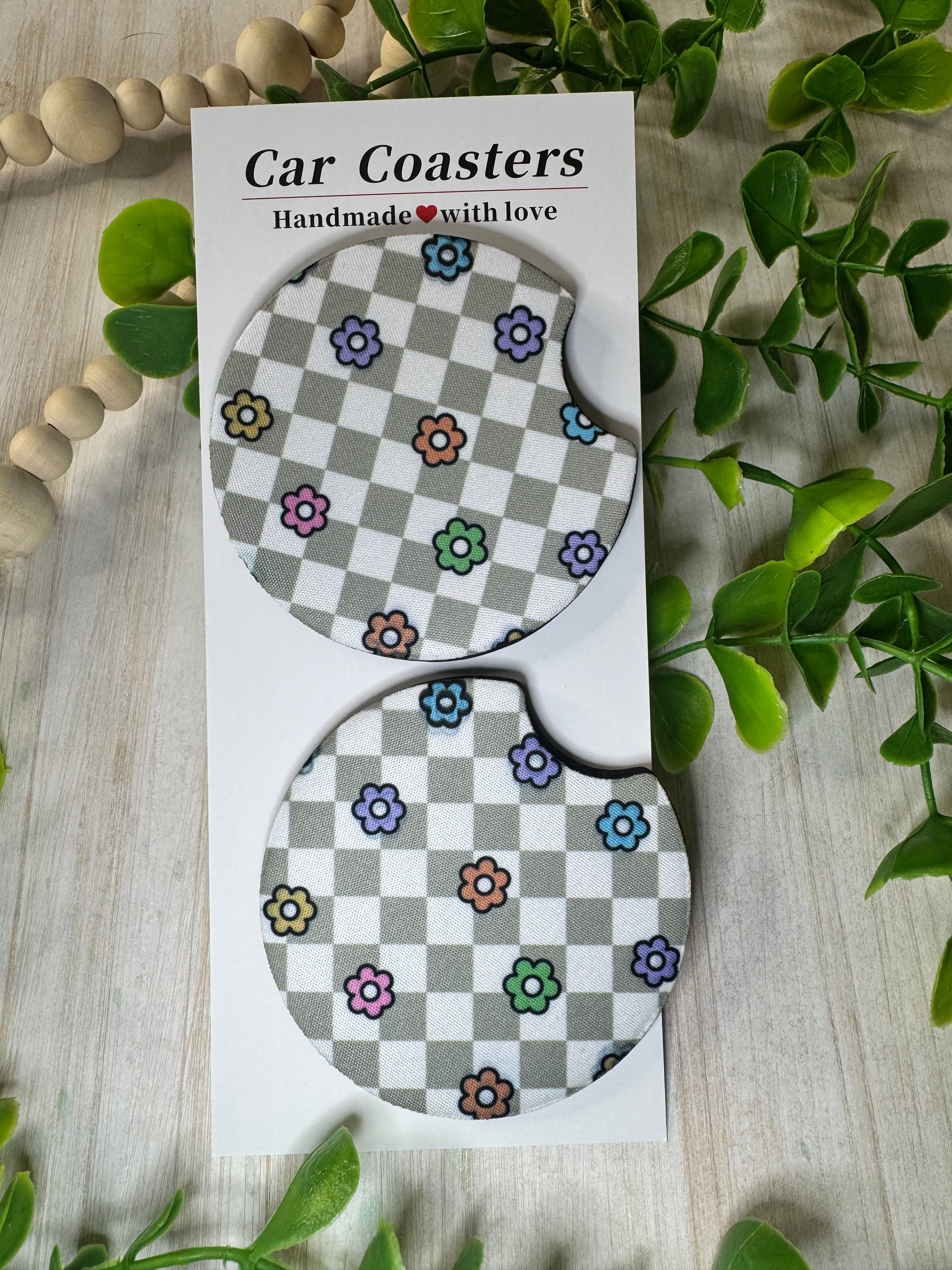 🌸 Checkered Bloom Car Coasters – Retro Flower Power in Fun Colors (Set of 2)