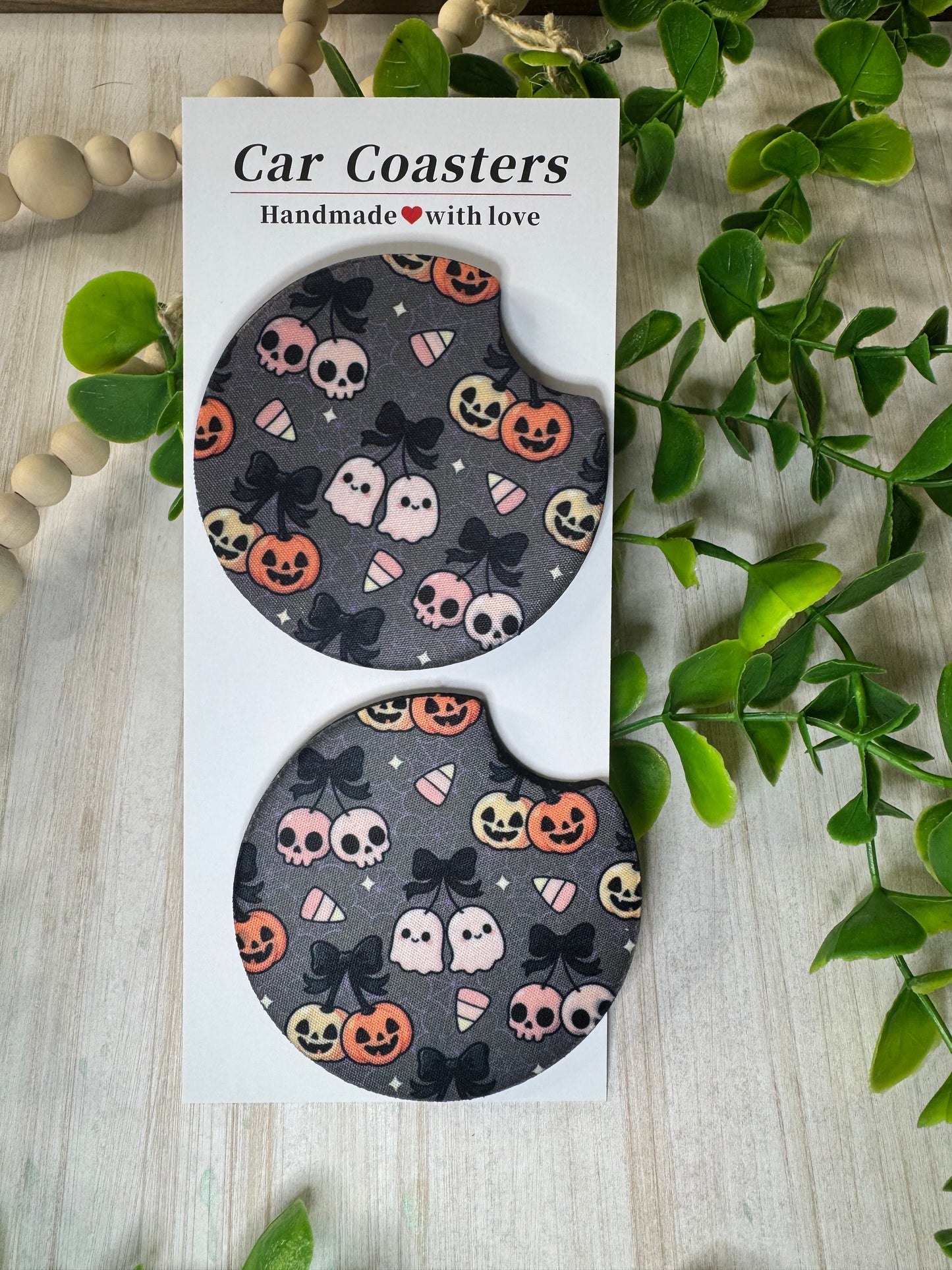 🎀 Spooky Chic Car Coasters – Ghosts, Skulls & Pumpkins (Set of 2)