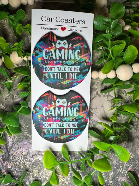 Gaming in Progress — Don’t Talk to Me Until I Die Car Coasters (Set of 2) 🎮🔥