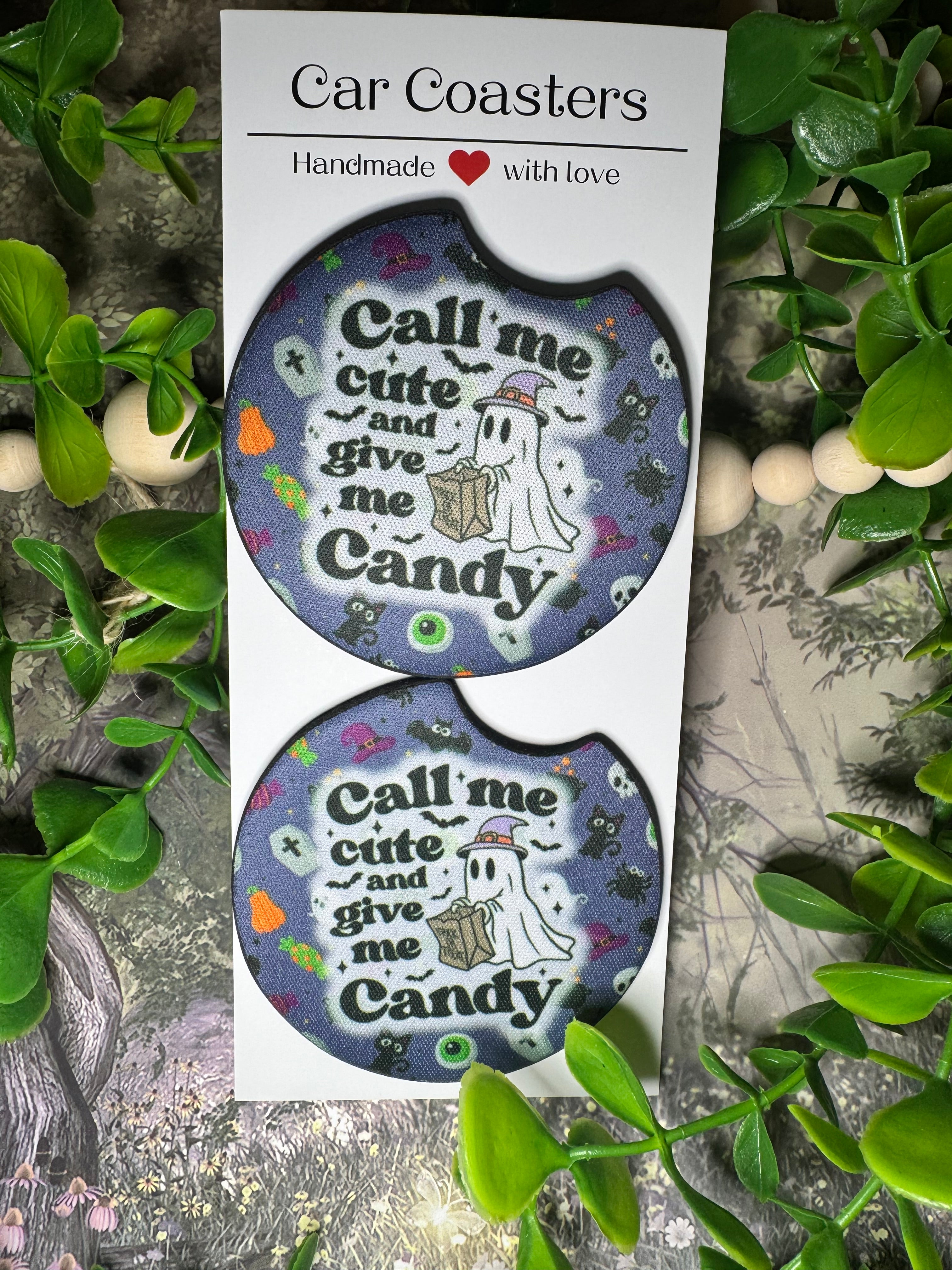 Call Me Cute and Give Me Candy Car Coasters (Set of 2) 🎃