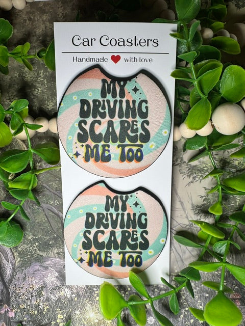 “My Driving Scares Me Too” Funny Retro Car Coasters (Set of 2)