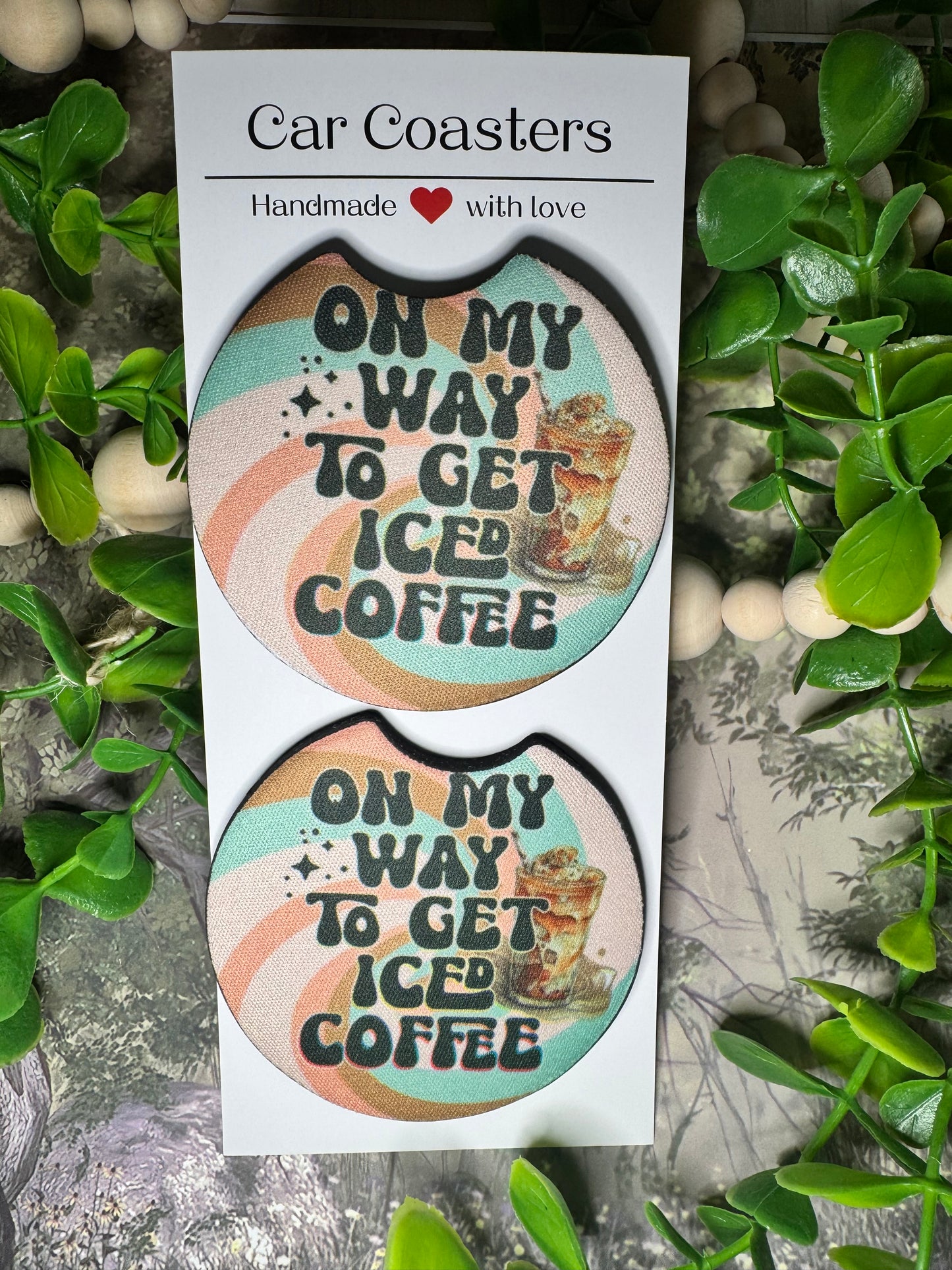“On My Way to Get Iced Coffee” Retro Car Coasters (Set of 2)
