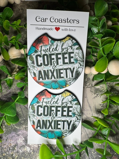 “Fueled by Coffee & Anxiety” Funny Floral Car Coasters (Set of 2)