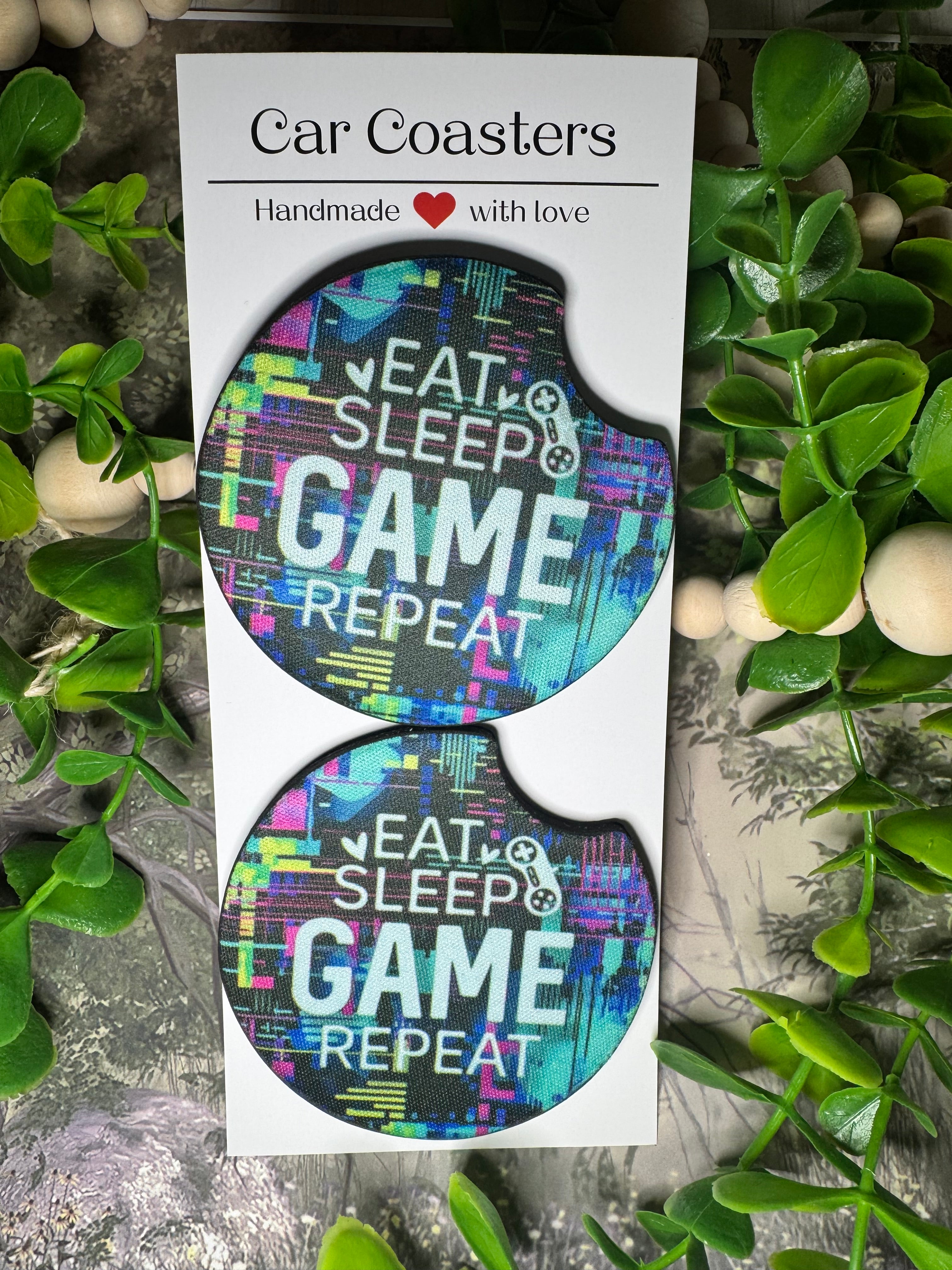 “Eat Sleep Game Repeat” Gamer Car Coasters (Set of 2)