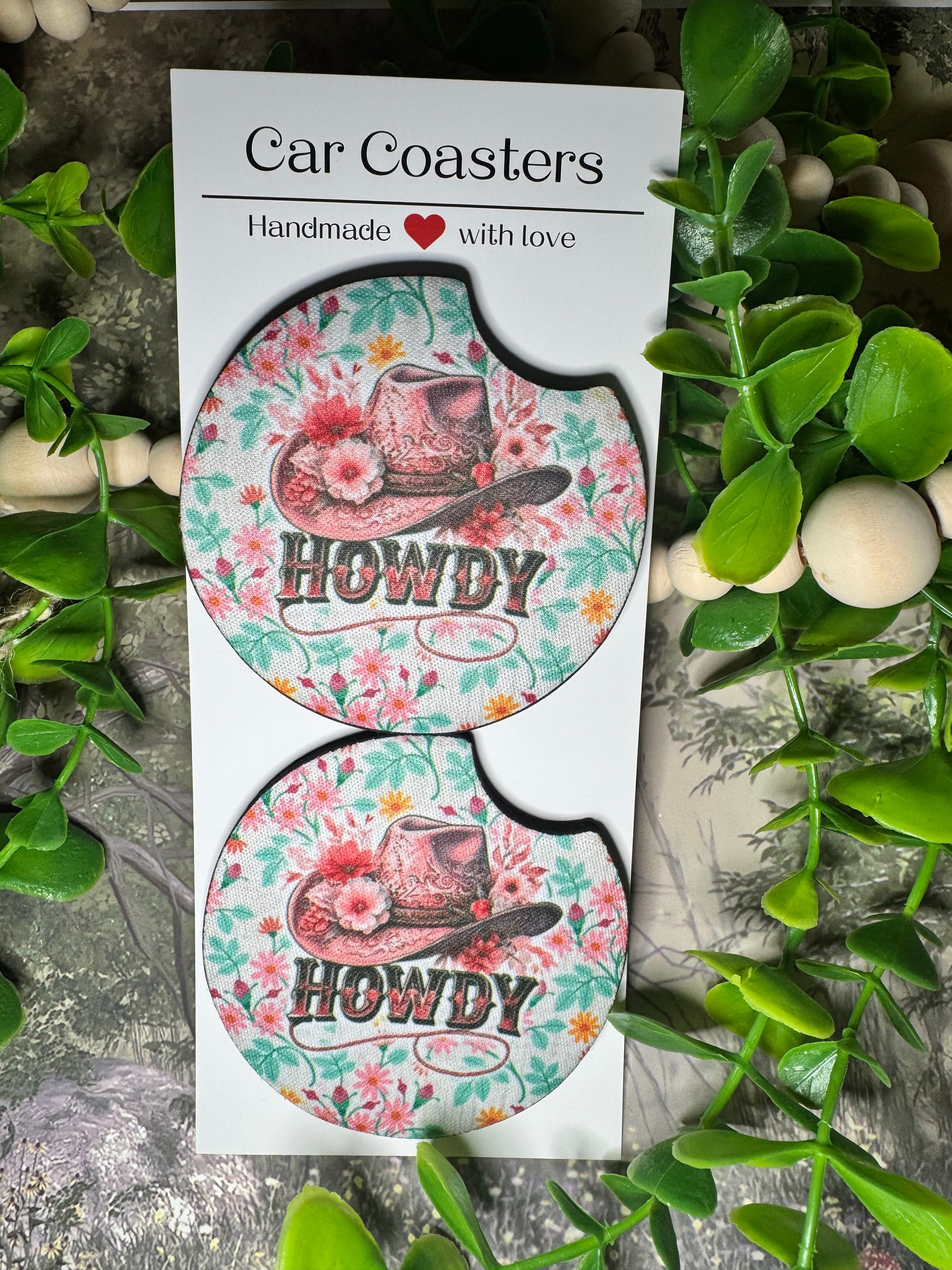 “Howdy” Floral Cowgirl Hat Car Coasters (Set of 2)