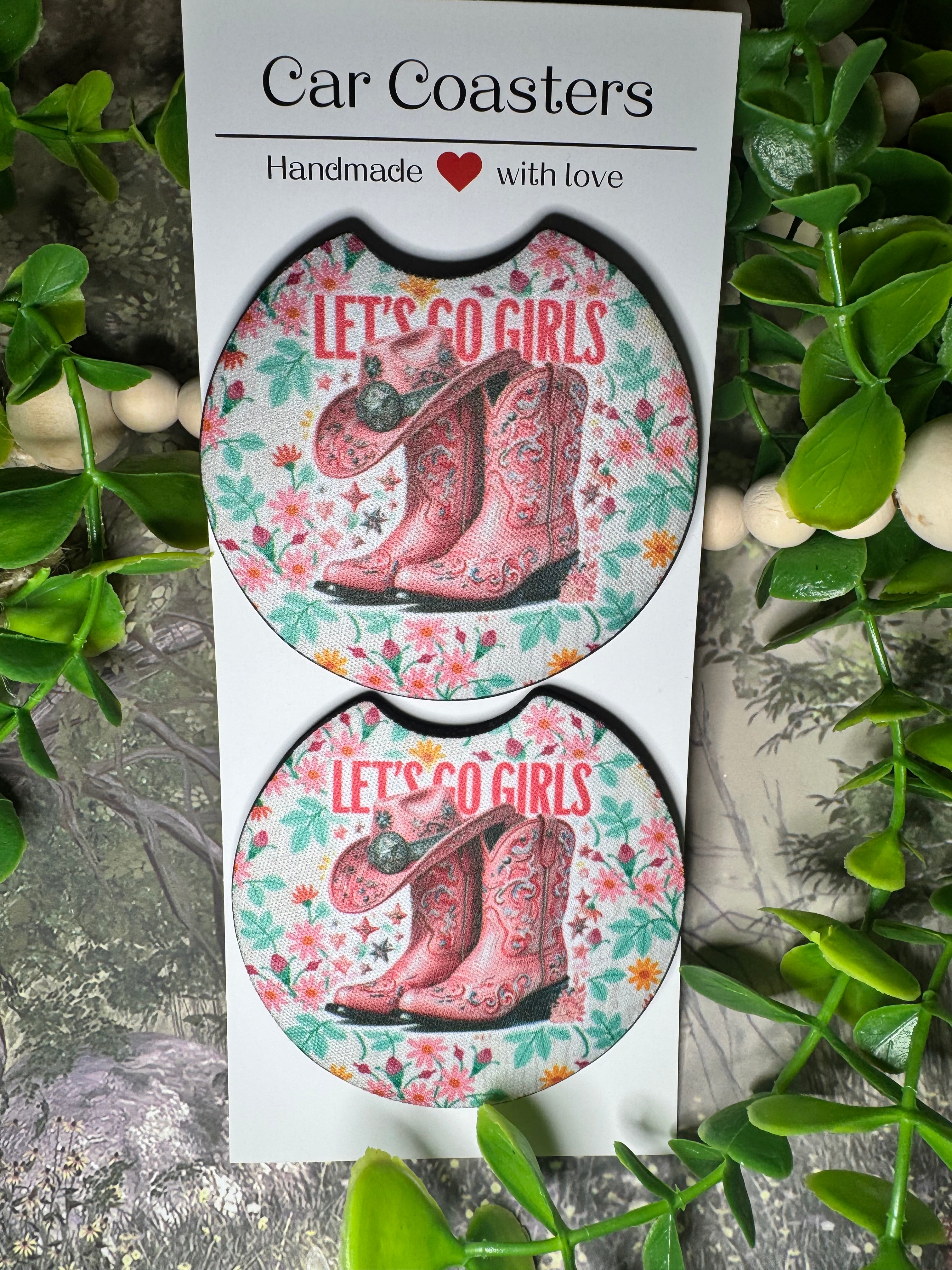“Let’s Go Girls” Pink Cowgirl Car Coasters (Set of 2)