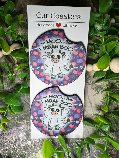 “MOO... I Mean BOO” Halloween Cow Car Coasters (Set of 2)