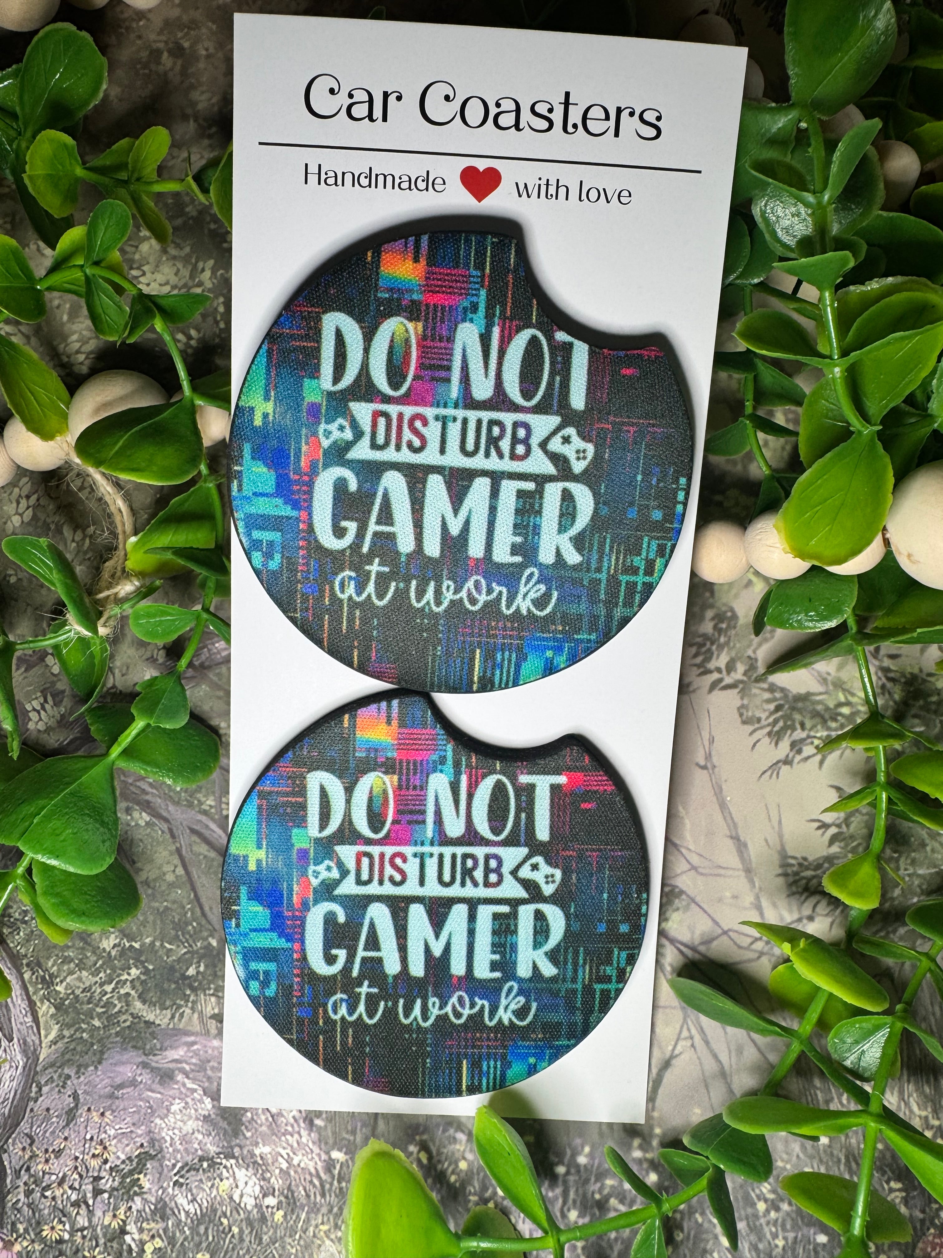 “Do Not Disturb – Gamer at Work” Car Coasters (Set of 2)